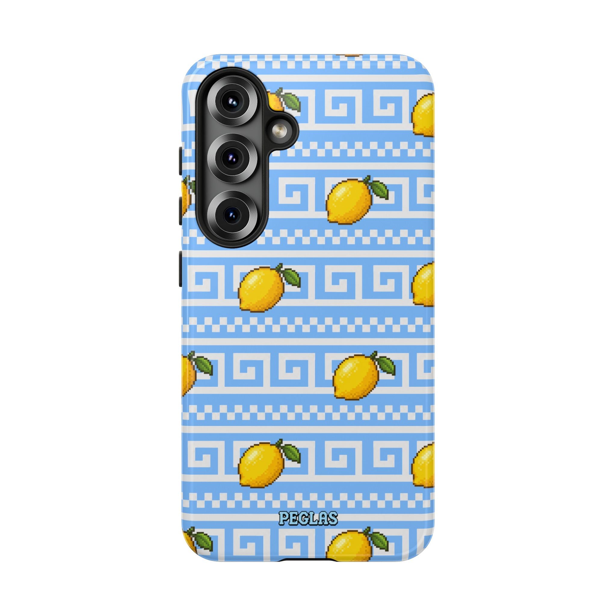 Lemon Greek Key Phone Case — Blue Citrus Pattern Tough Case