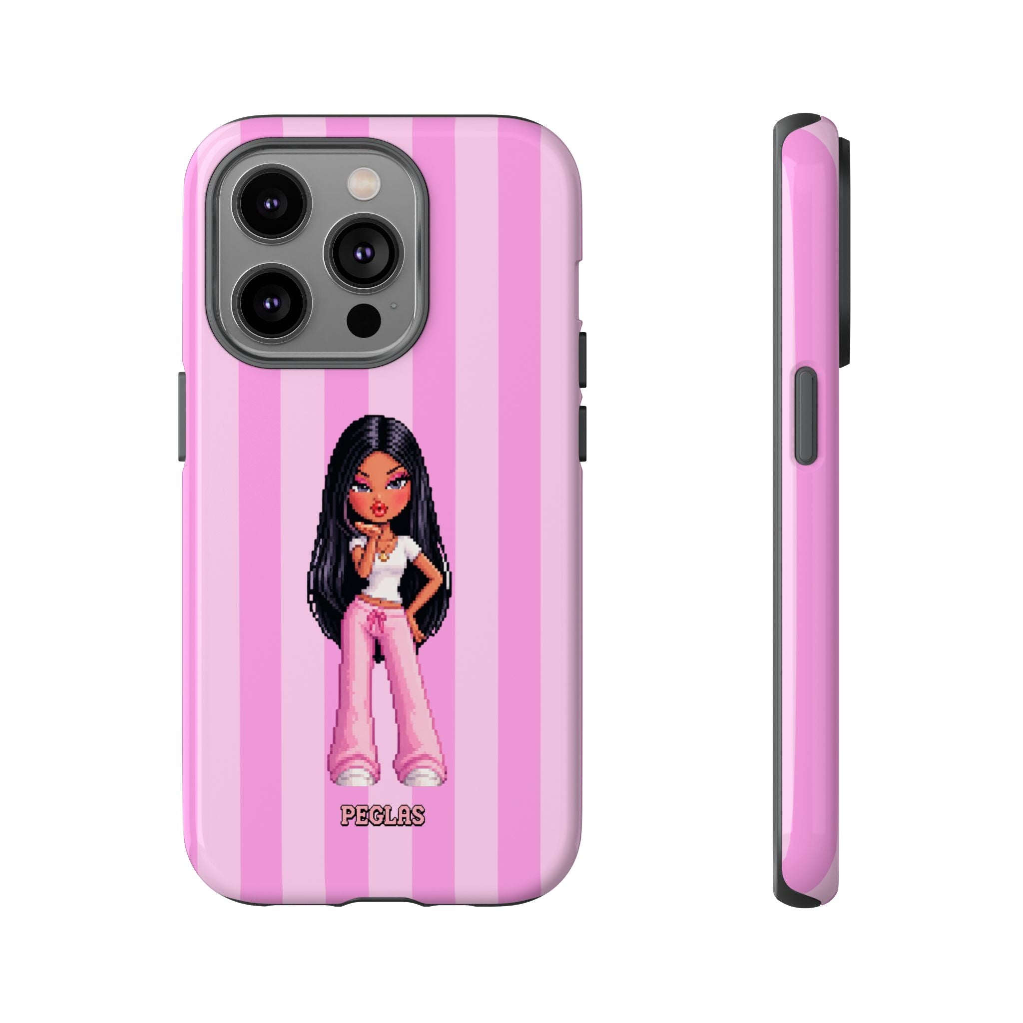 Pink Pixel Art Doll Phone Case — Y2K Baddie Girl Illustration