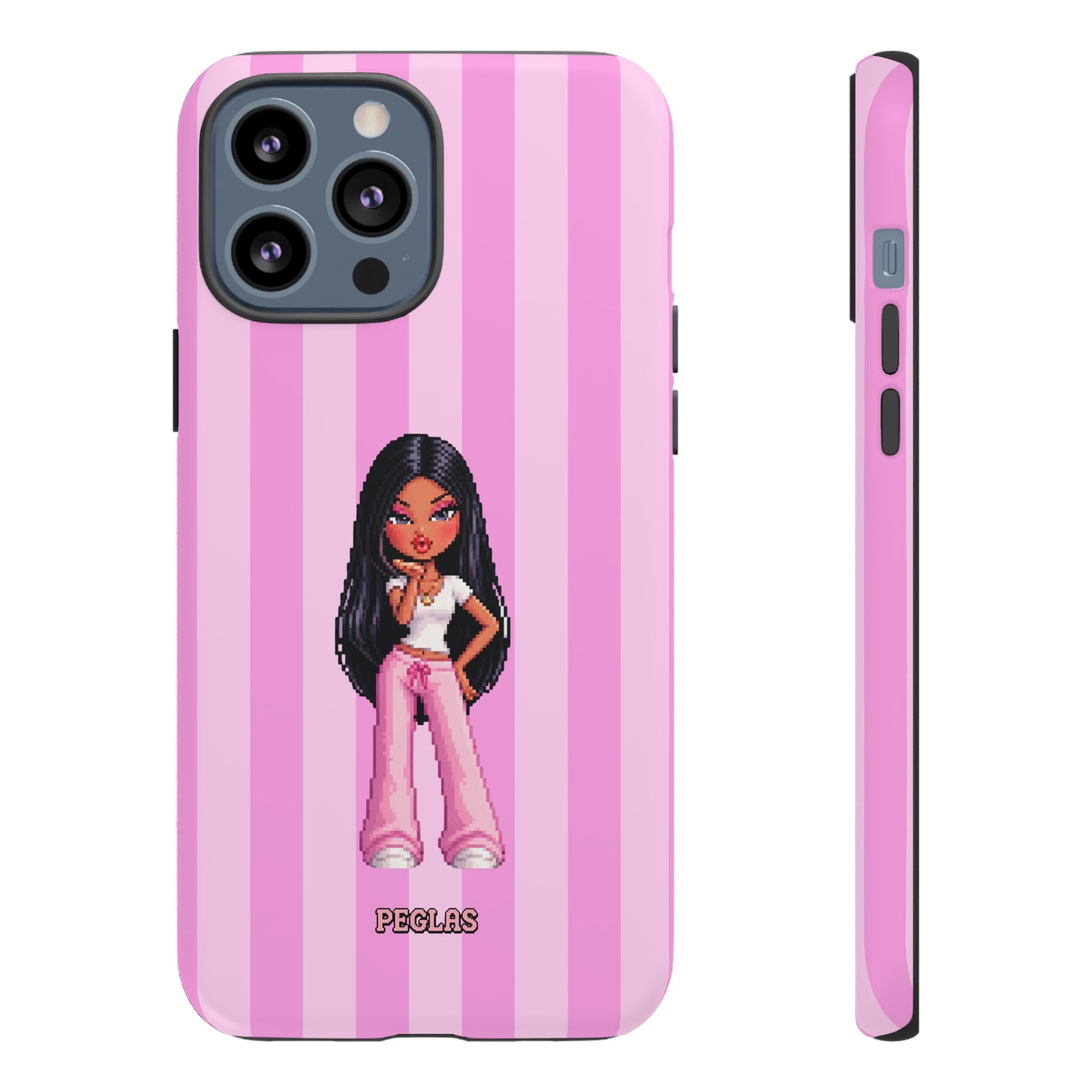 Pink Pixel Art Doll Phone Case — Y2K Baddie Girl Illustration
