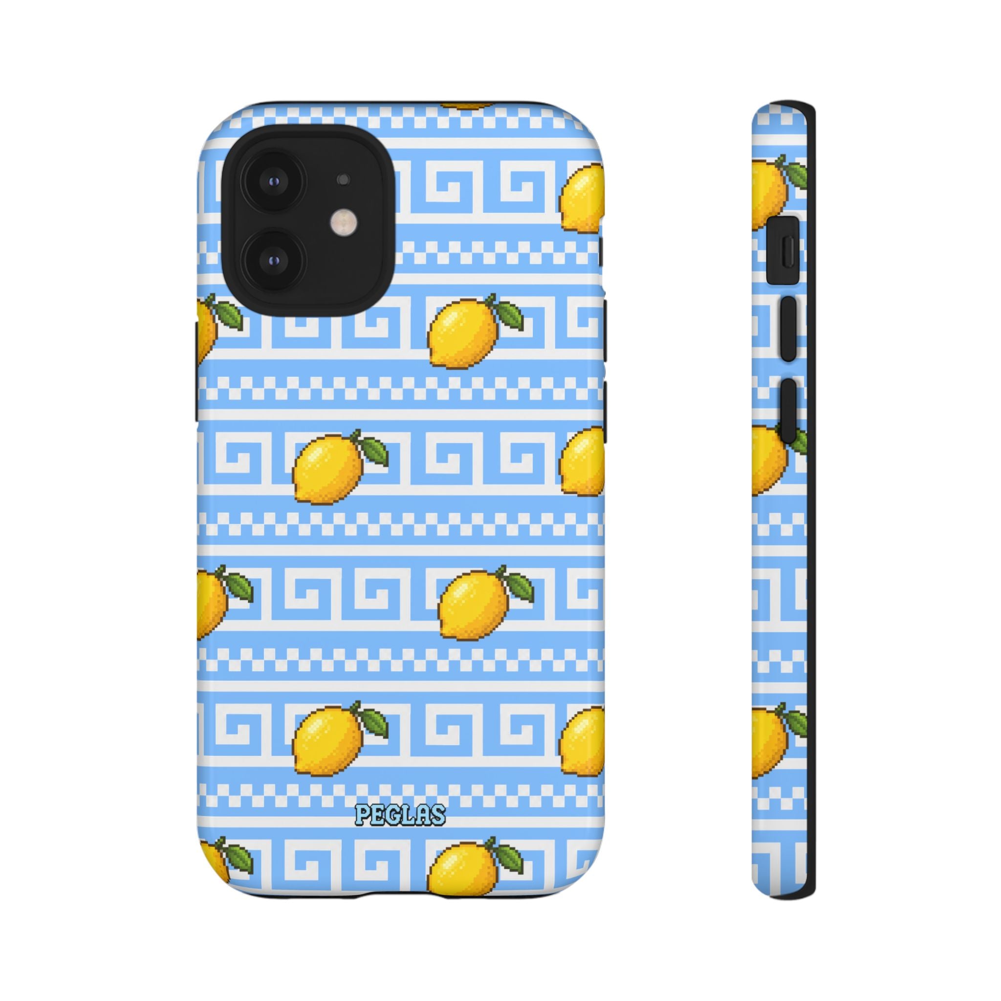 Lemon Greek Key Phone Case — Blue Citrus Pattern Tough Case