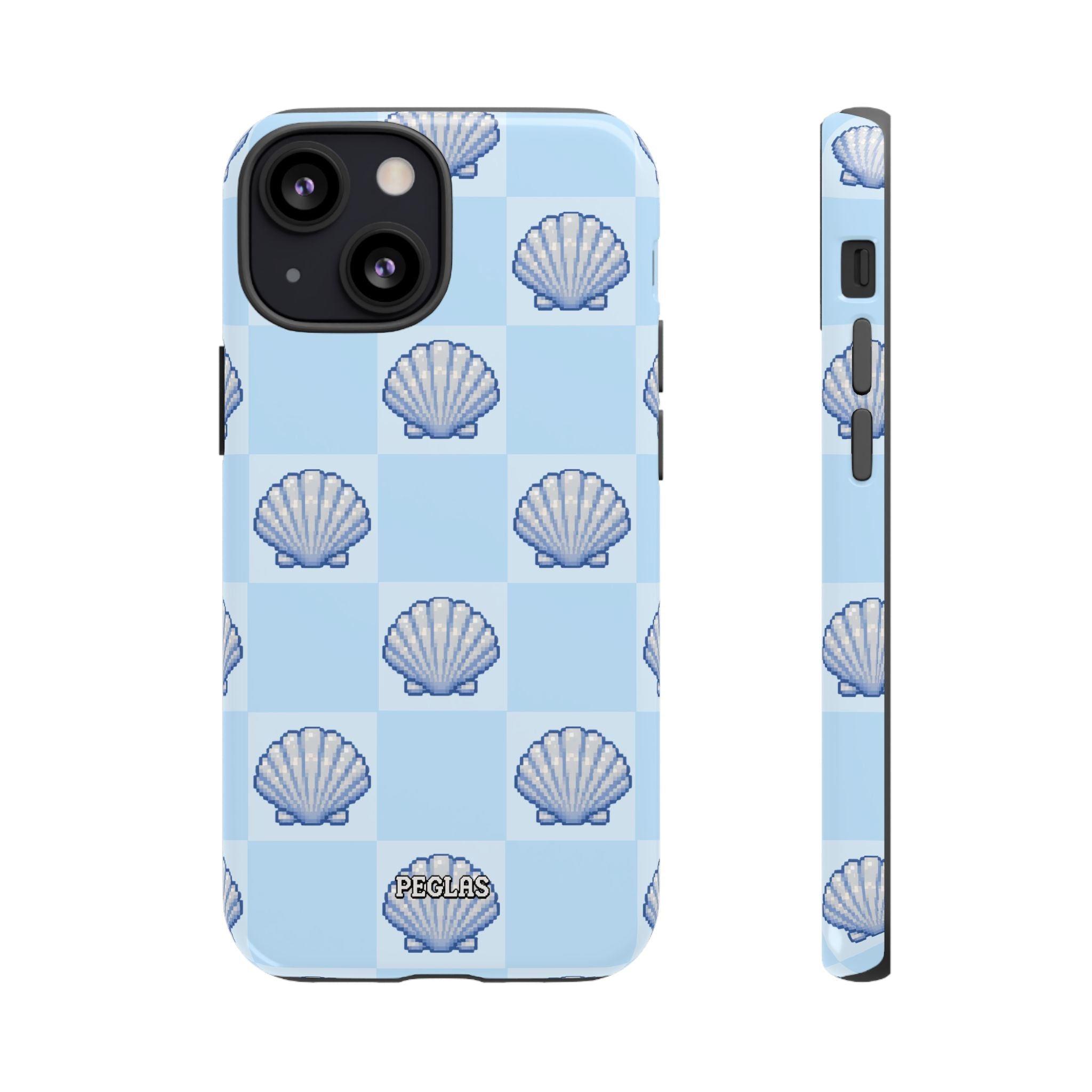 Shell Checkerboard Tough Phone Case — Light Blue Seashell Protective Cover