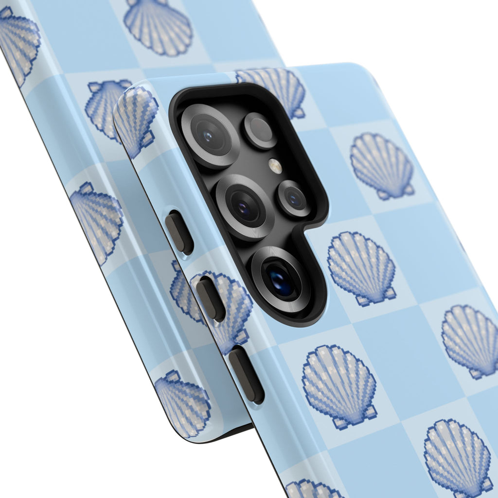 Shell Checkerboard Tough Phone Case — Light Blue Seashell Protective Cover