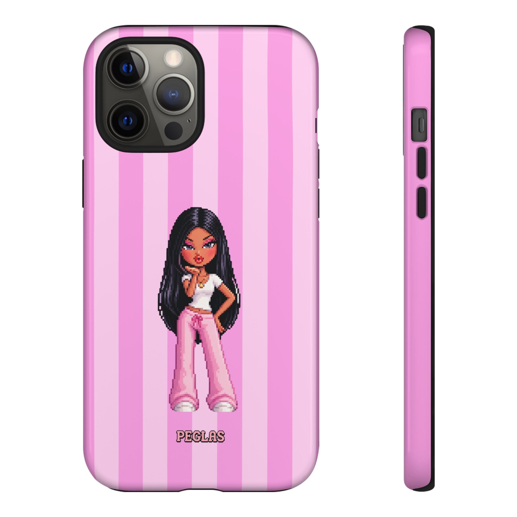 Pink Pixel Art Doll Phone Case — Y2K Baddie Girl Illustration