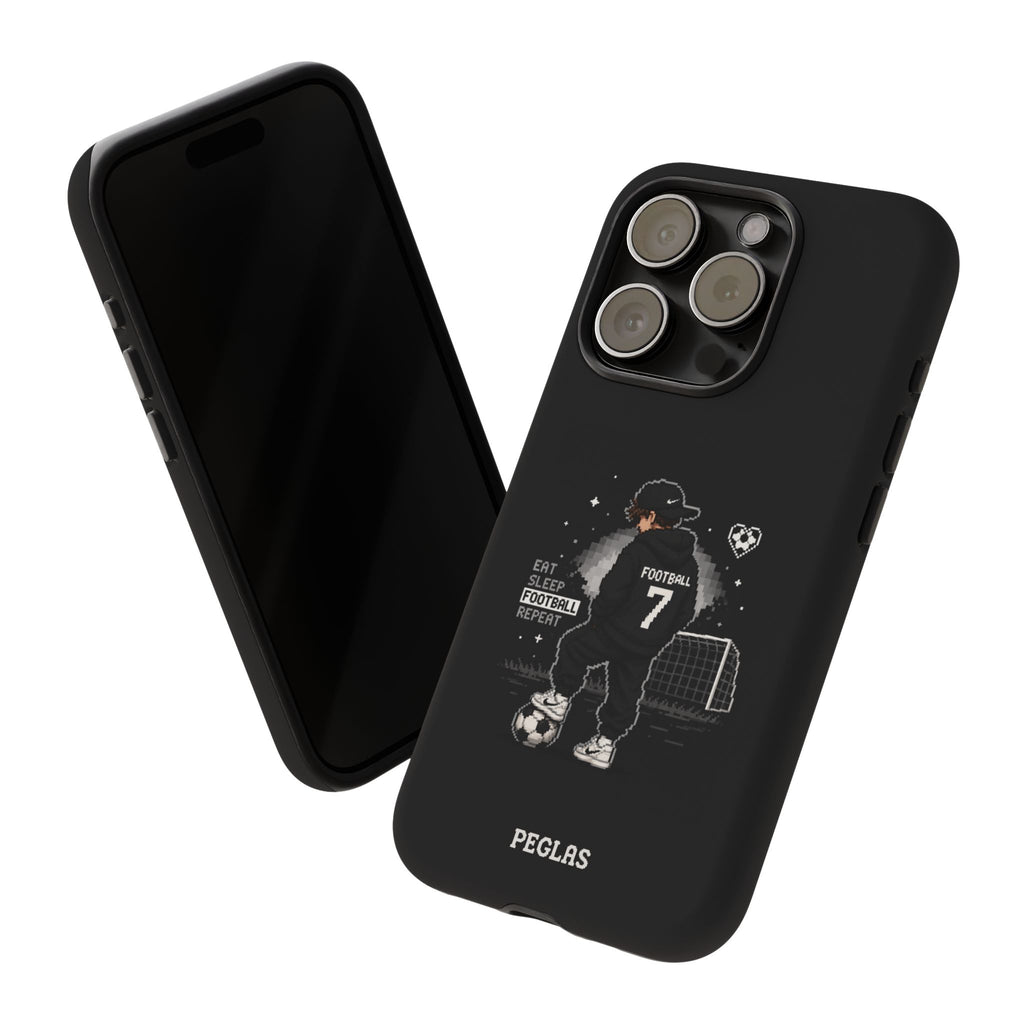 Football Player Phone Case - 'Eat Sleep Football Repeat' Black Tough Case, Soccer Goal Graphic