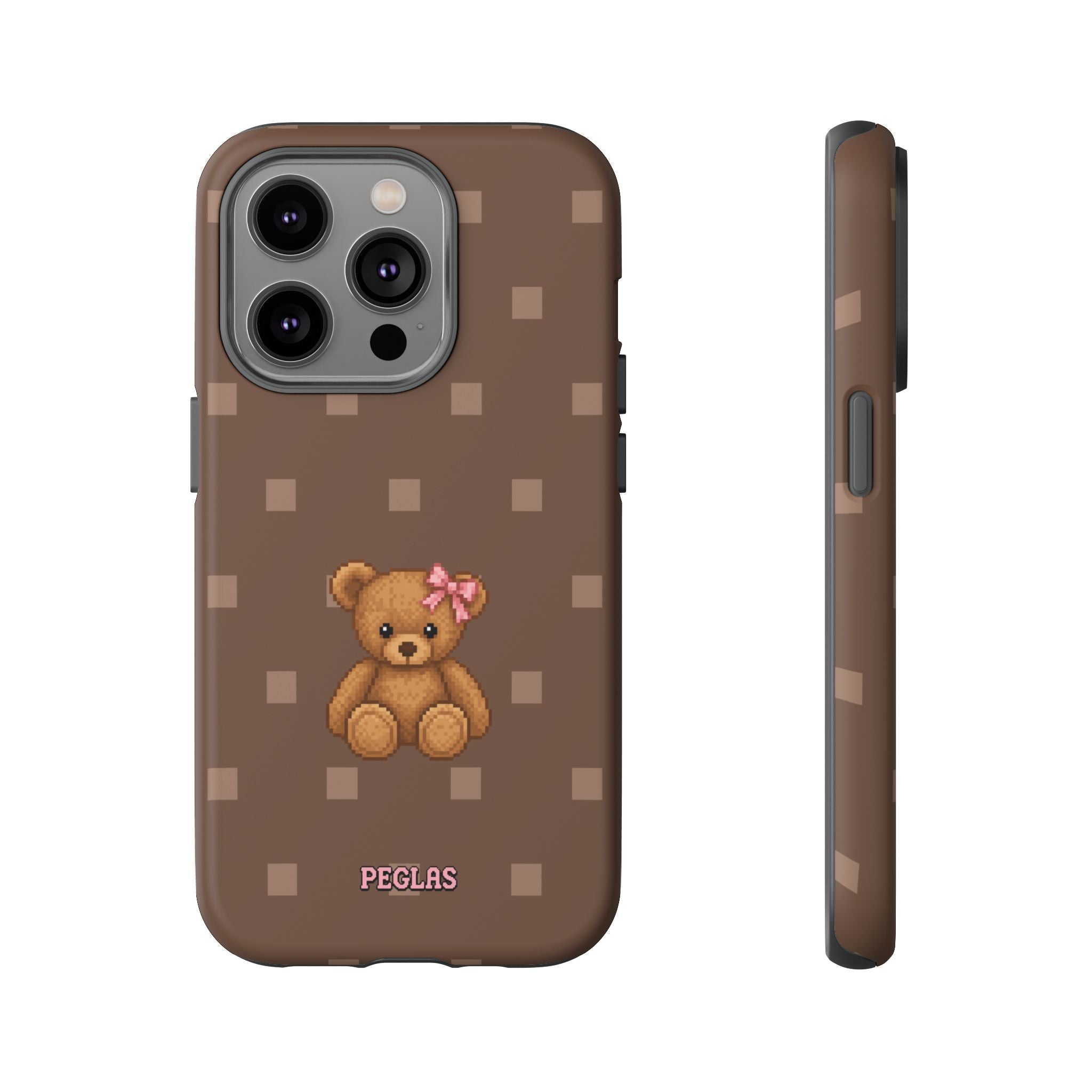 Teddy Bear Tough Phone Case — Cute Brown Polka Dot Protective Cover