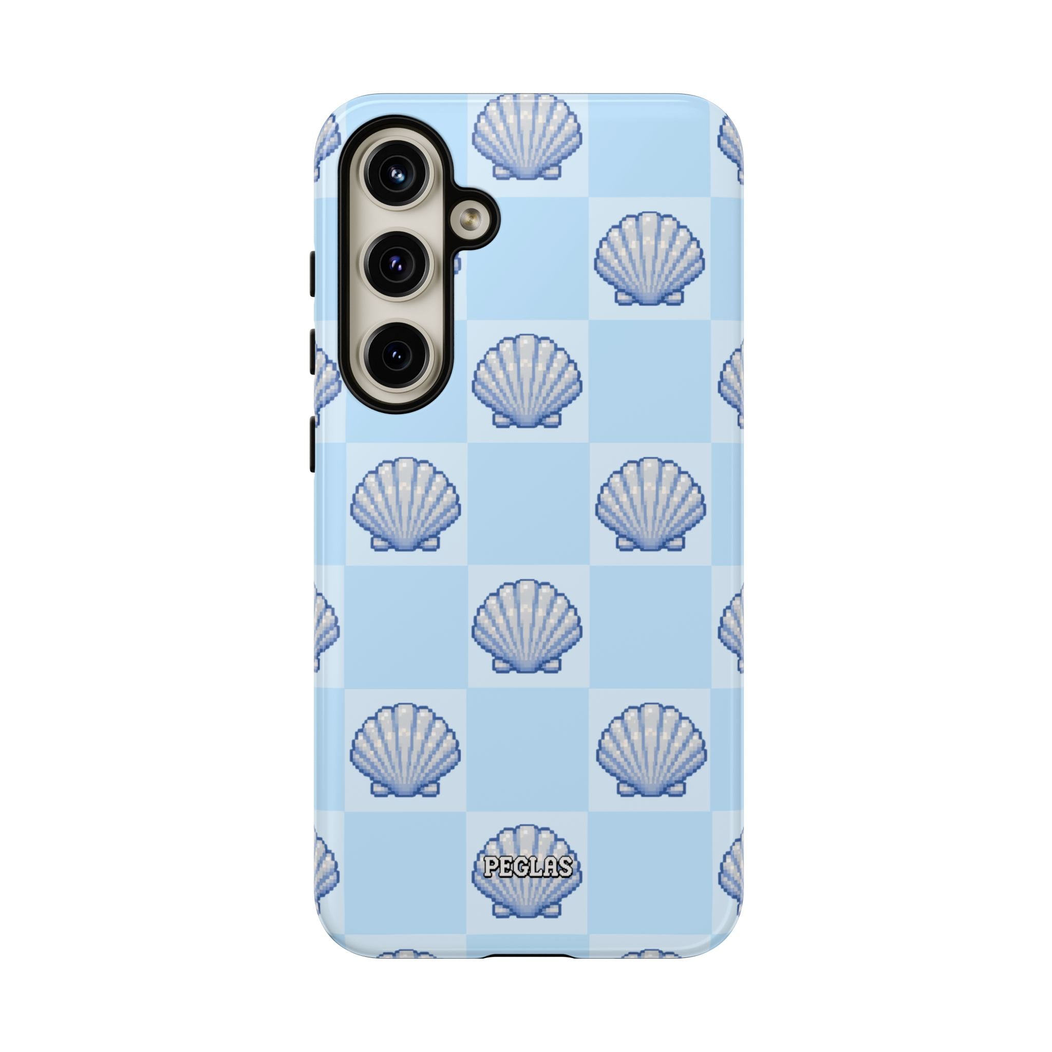 Shell Checkerboard Tough Phone Case — Light Blue Seashell Protective Cover