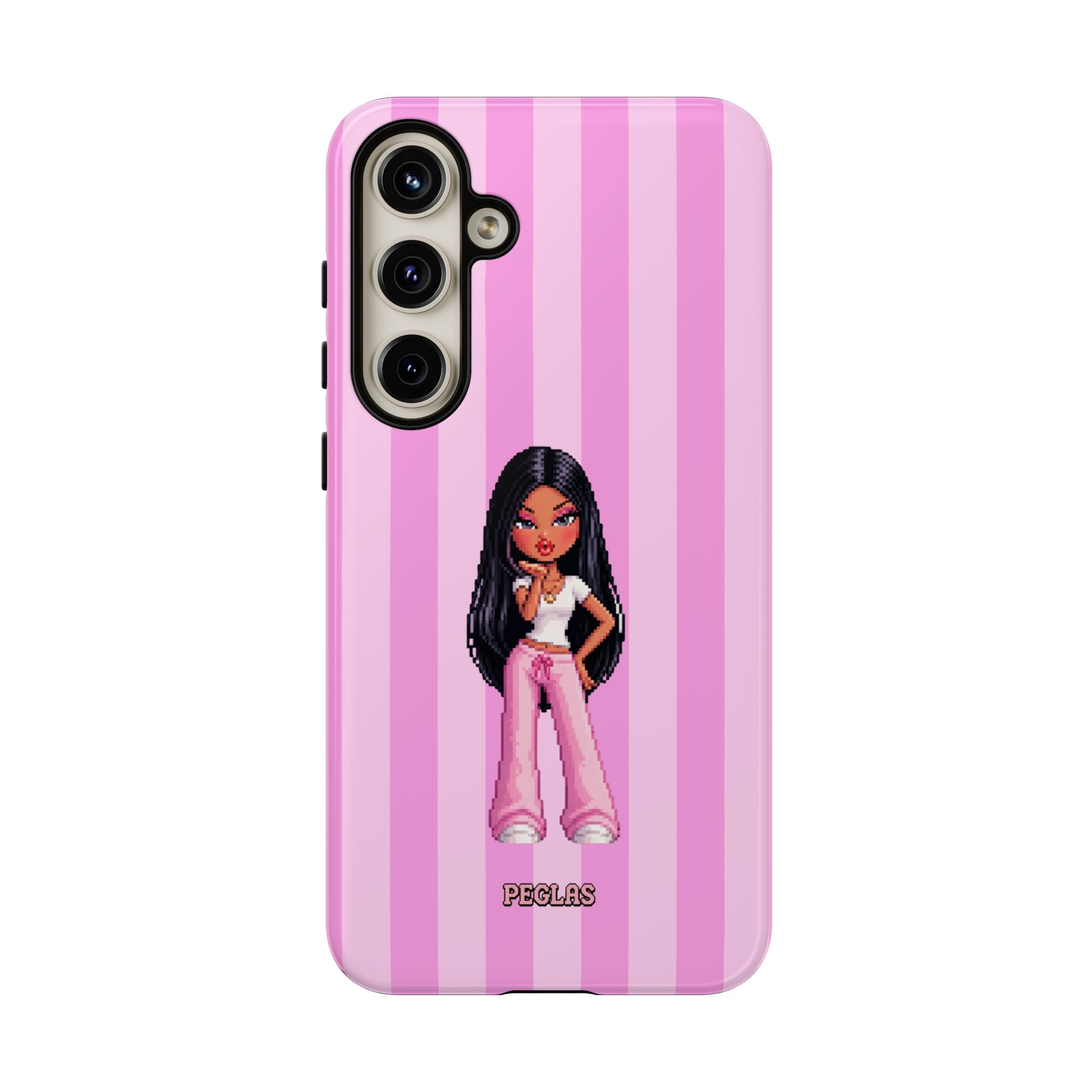 Pink Pixel Art Doll Phone Case — Y2K Baddie Girl Illustration