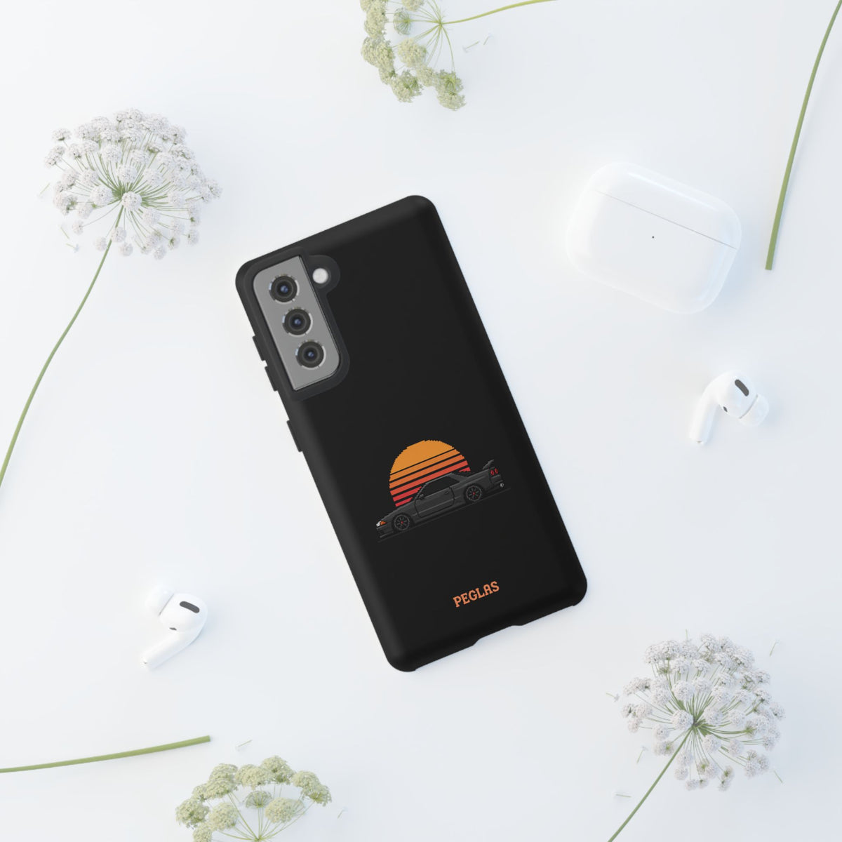 Vintage Black Sports Car Phone Case — Retro Sunset Design
