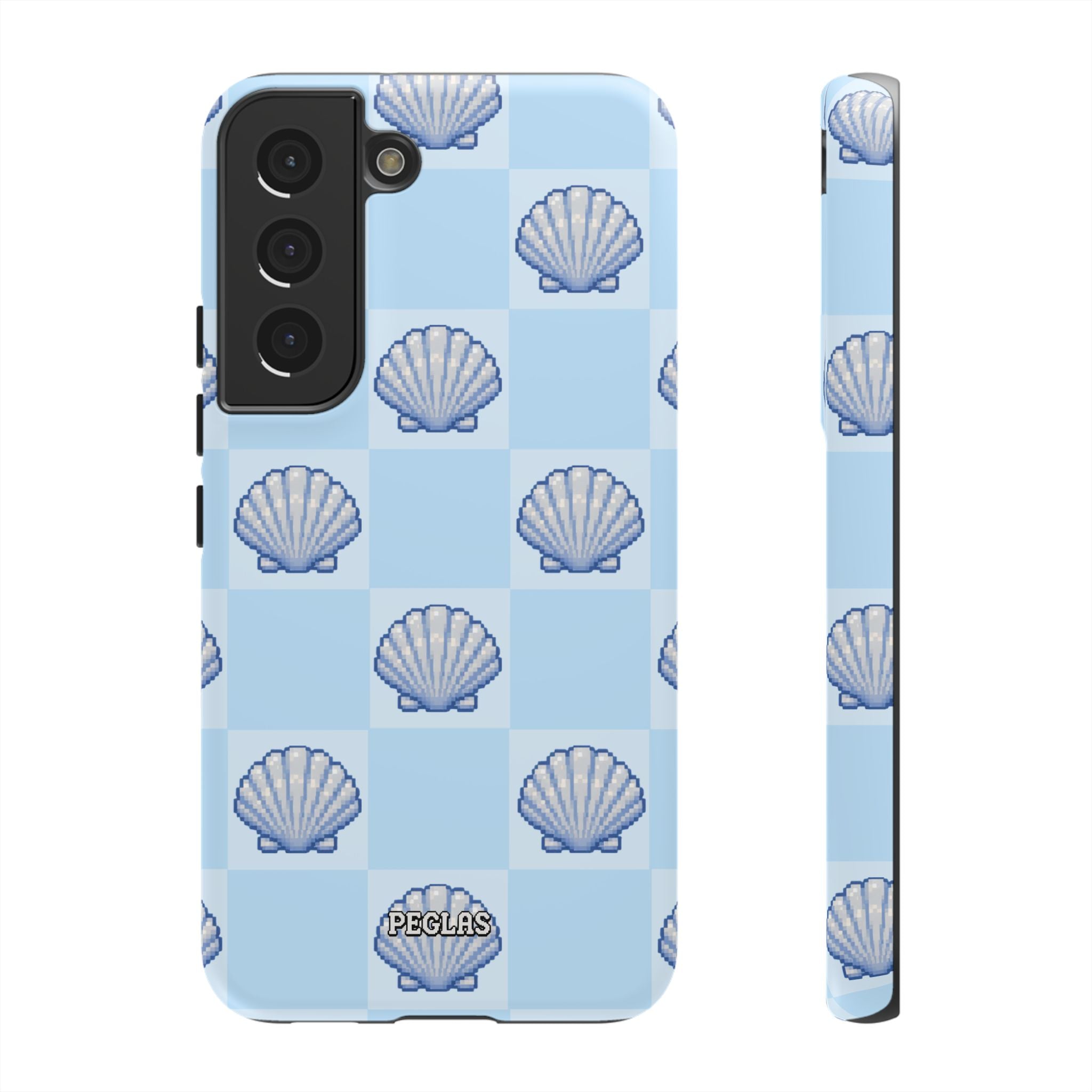 Shell Checkerboard Tough Phone Case — Light Blue Seashell Protective Cover