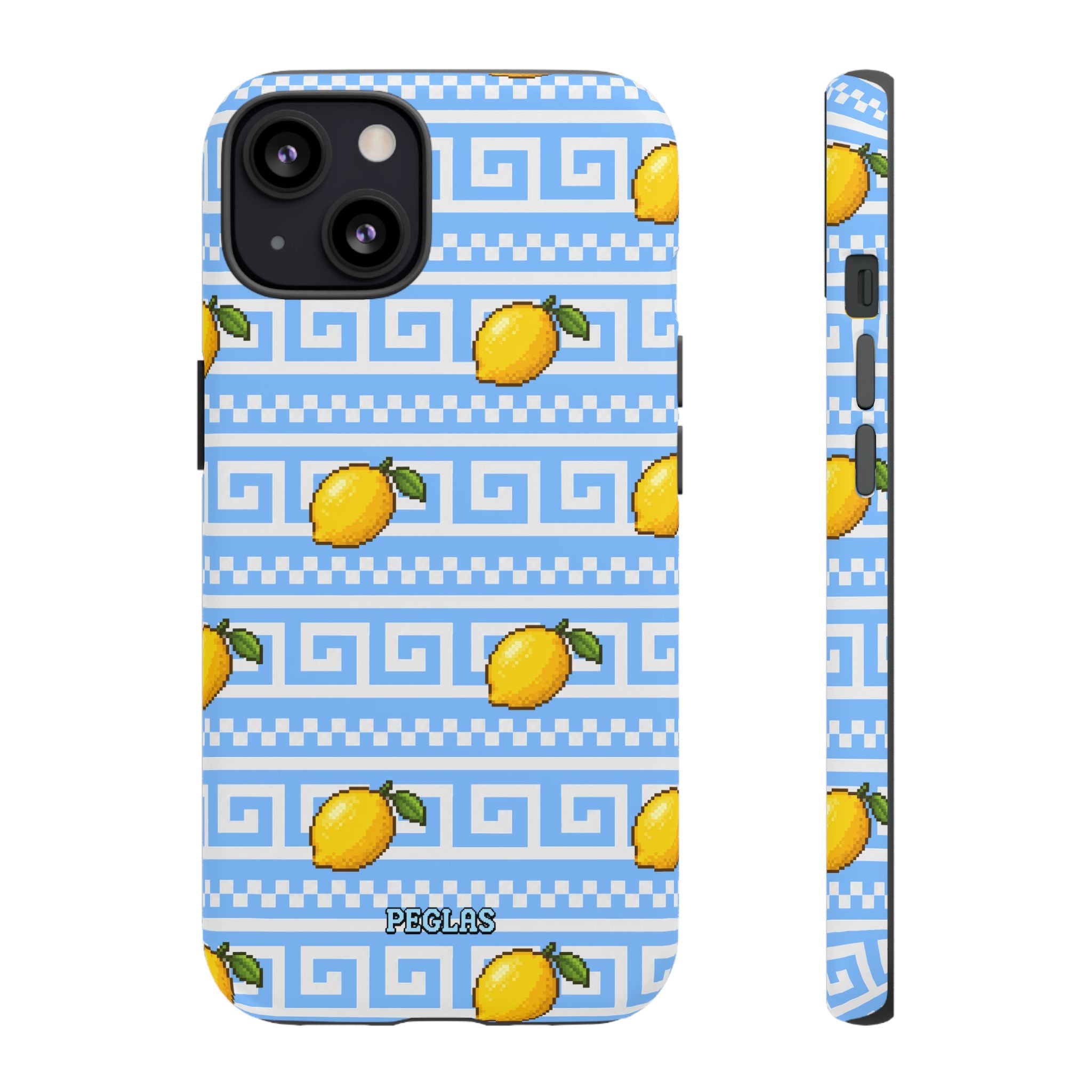 Lemon Greek Key Phone Case — Blue Citrus Pattern Tough Case
