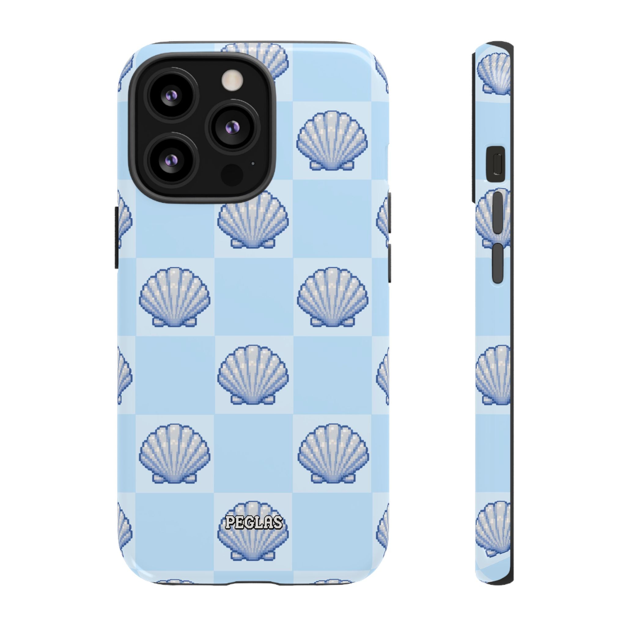 Shell Checkerboard Tough Phone Case — Light Blue Seashell Protective Cover