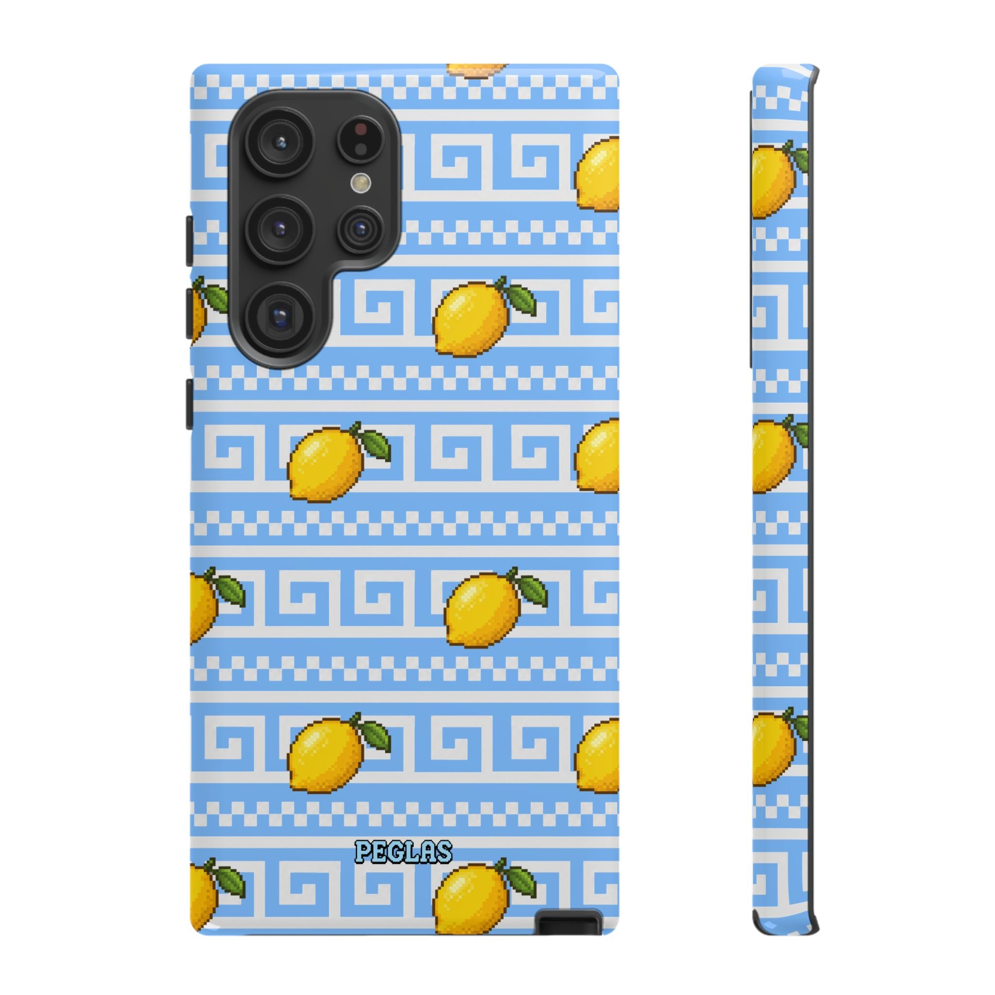 Lemon Greek Key Phone Case — Blue Citrus Pattern Tough Case