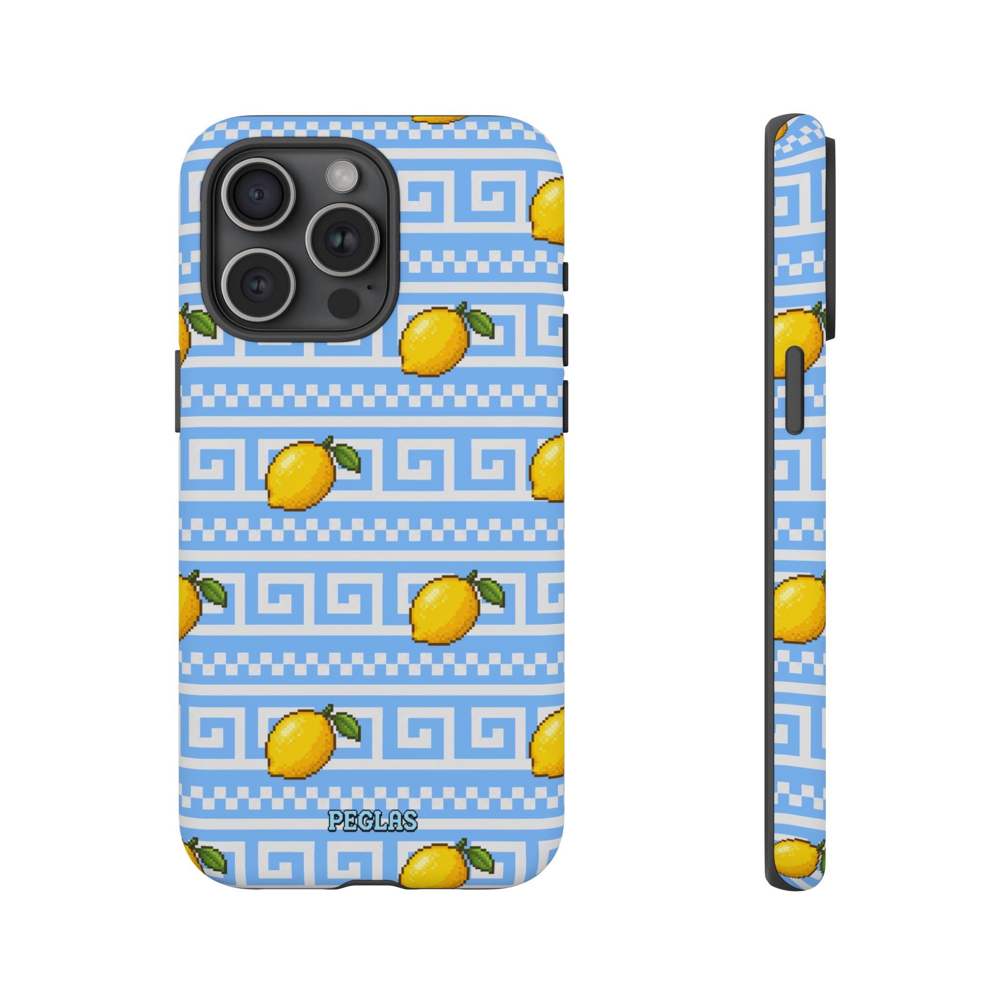 Lemon Greek Key Phone Case — Blue Citrus Pattern Tough Case