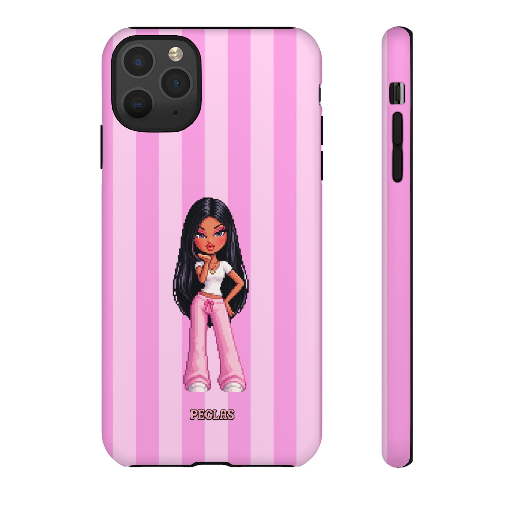 Pink Pixel Art Doll Phone Case — Y2K Baddie Girl Illustration