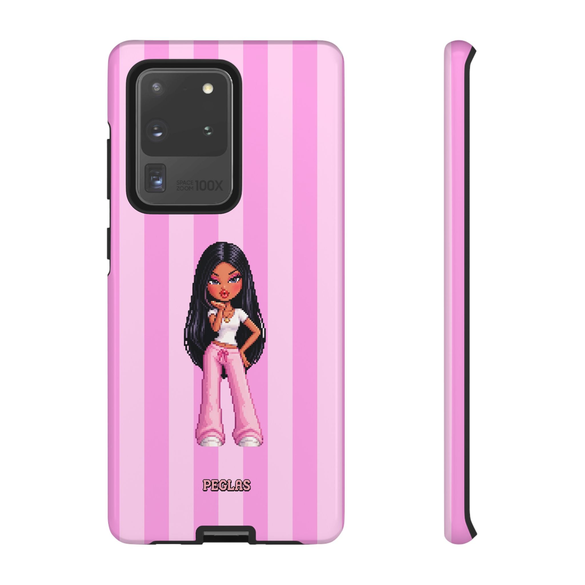 Pink Pixel Art Doll Phone Case — Y2K Baddie Girl Illustration