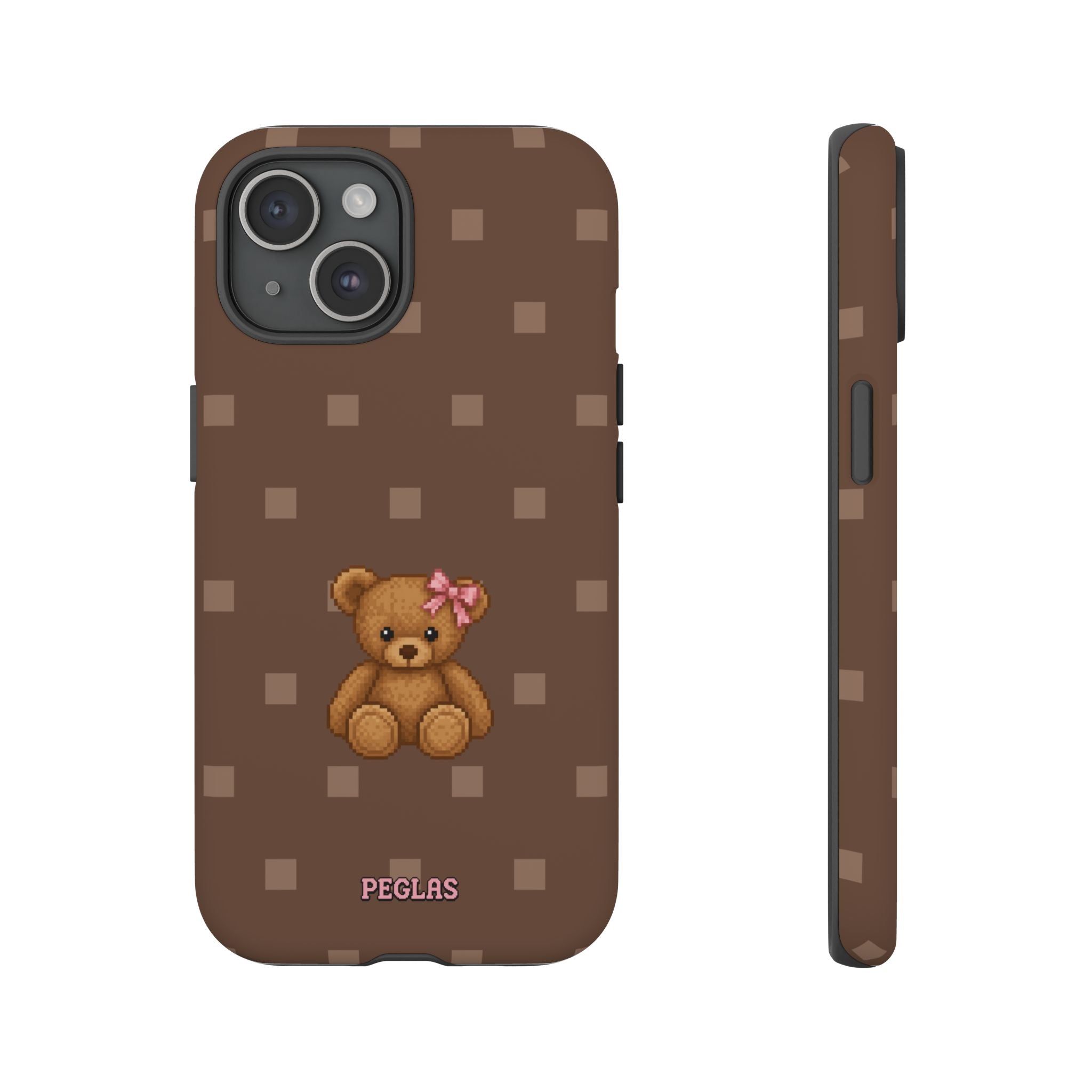 Teddy Bear Tough Phone Case — Cute Brown Polka Dot Protective Cover