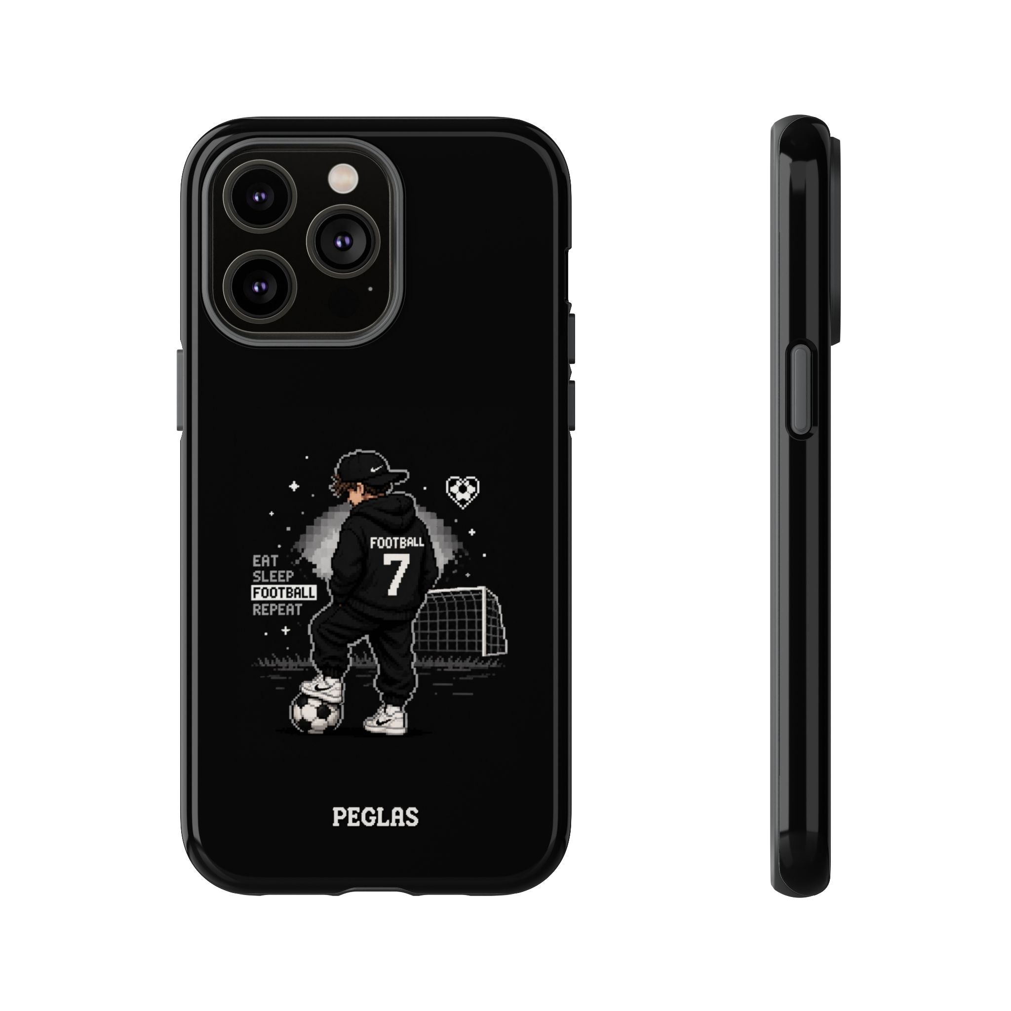 Football Player Phone Case - 'Eat Sleep Football Repeat' Black Tough Case, Soccer Goal Graphic
