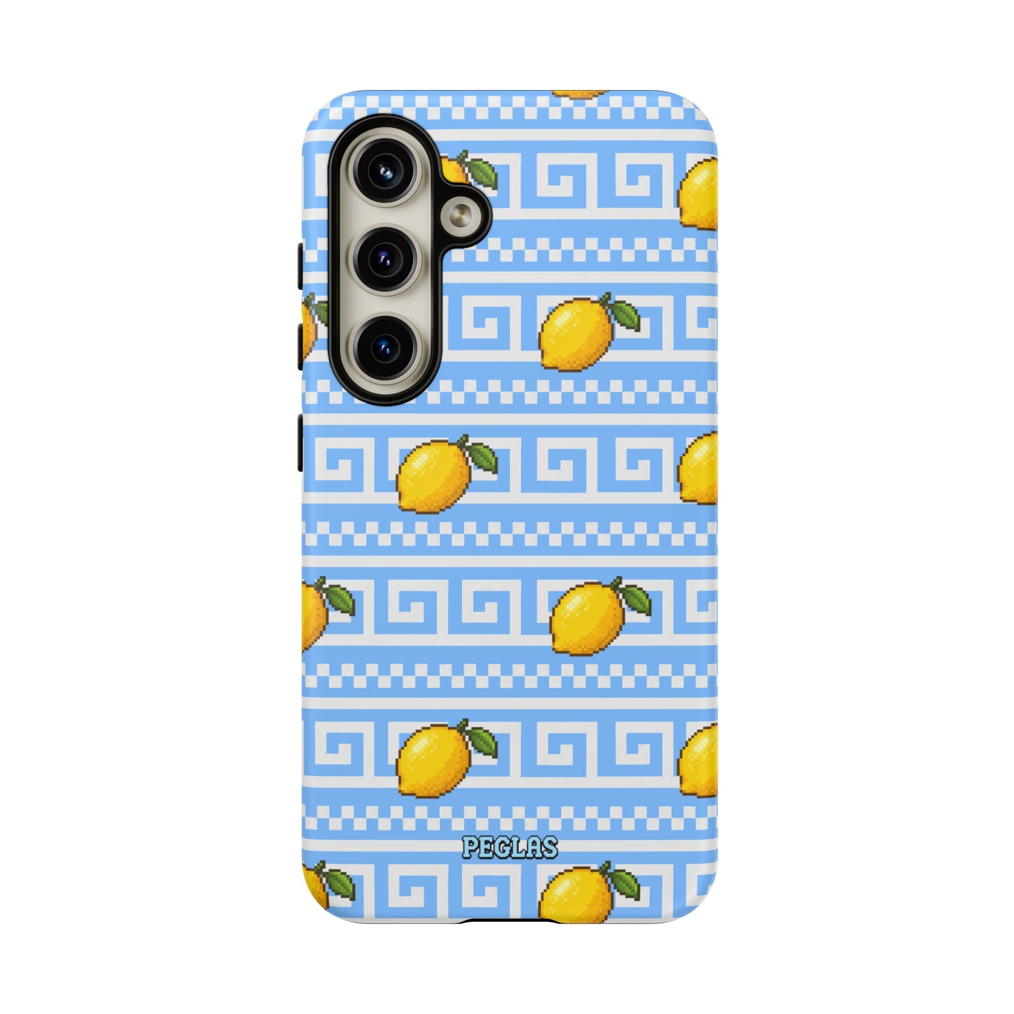 Lemon Greek Key Phone Case — Blue Citrus Pattern Tough Case