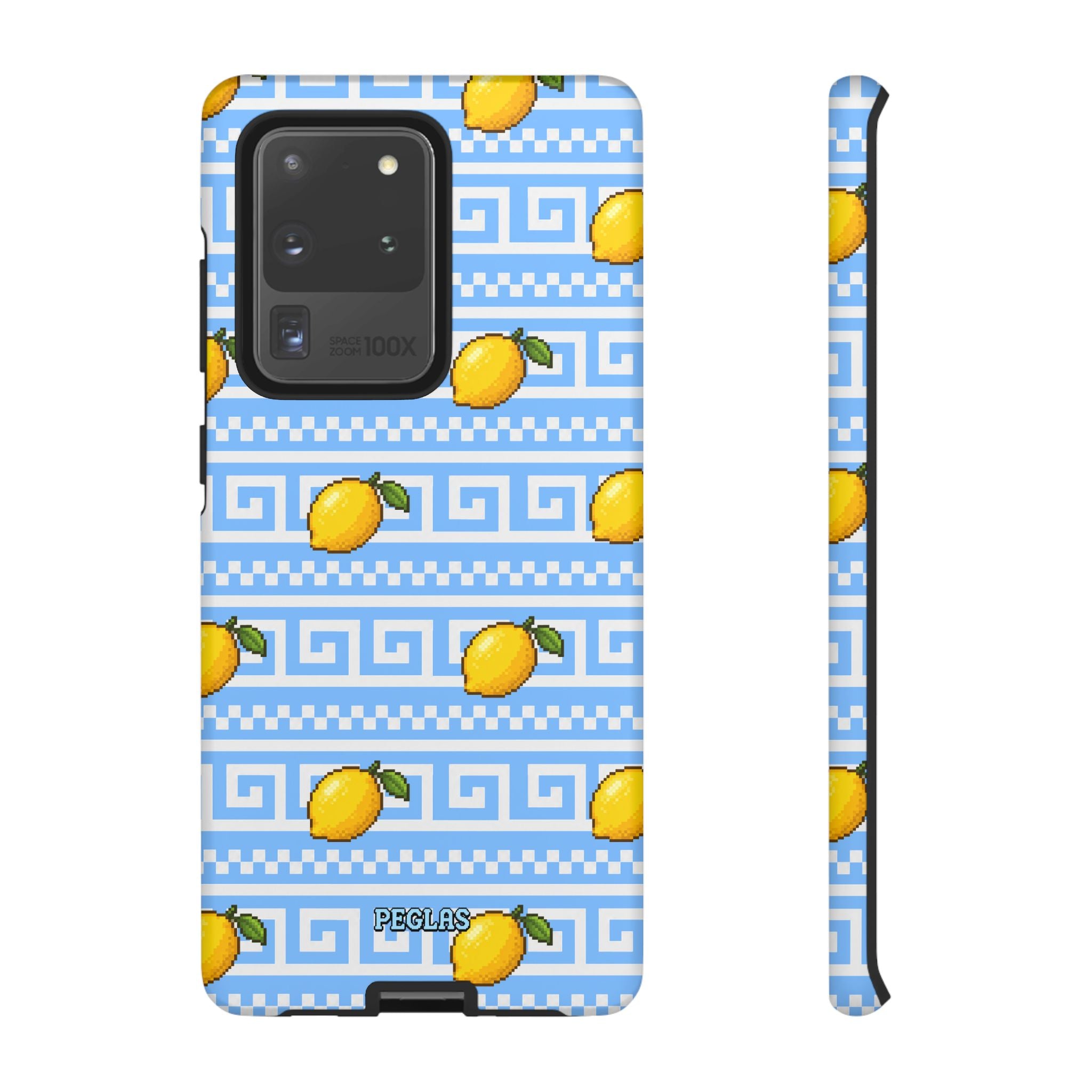Lemon Greek Key Phone Case — Blue Citrus Pattern Tough Case