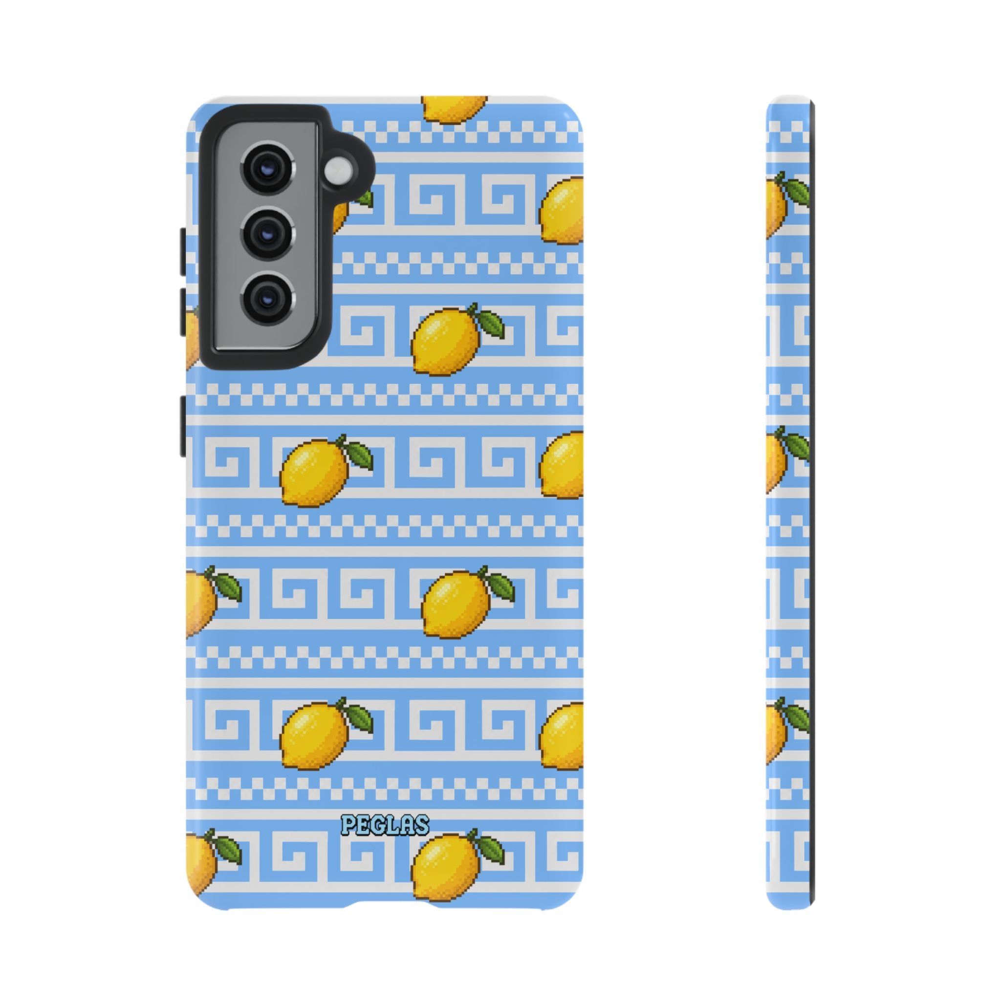 Lemon Greek Key Phone Case — Blue Citrus Pattern Tough Case