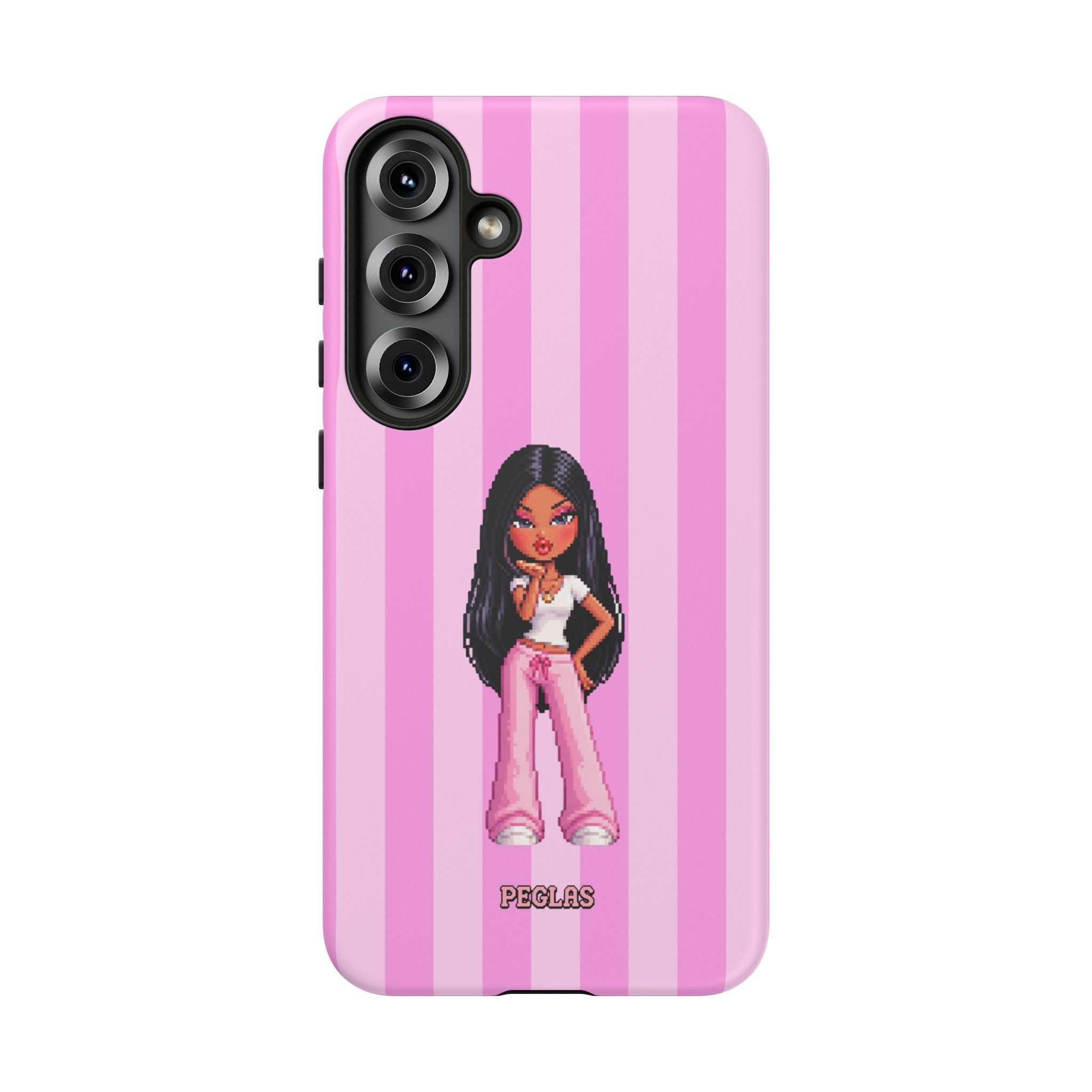 Pink Pixel Art Doll Phone Case — Y2K Baddie Girl Illustration