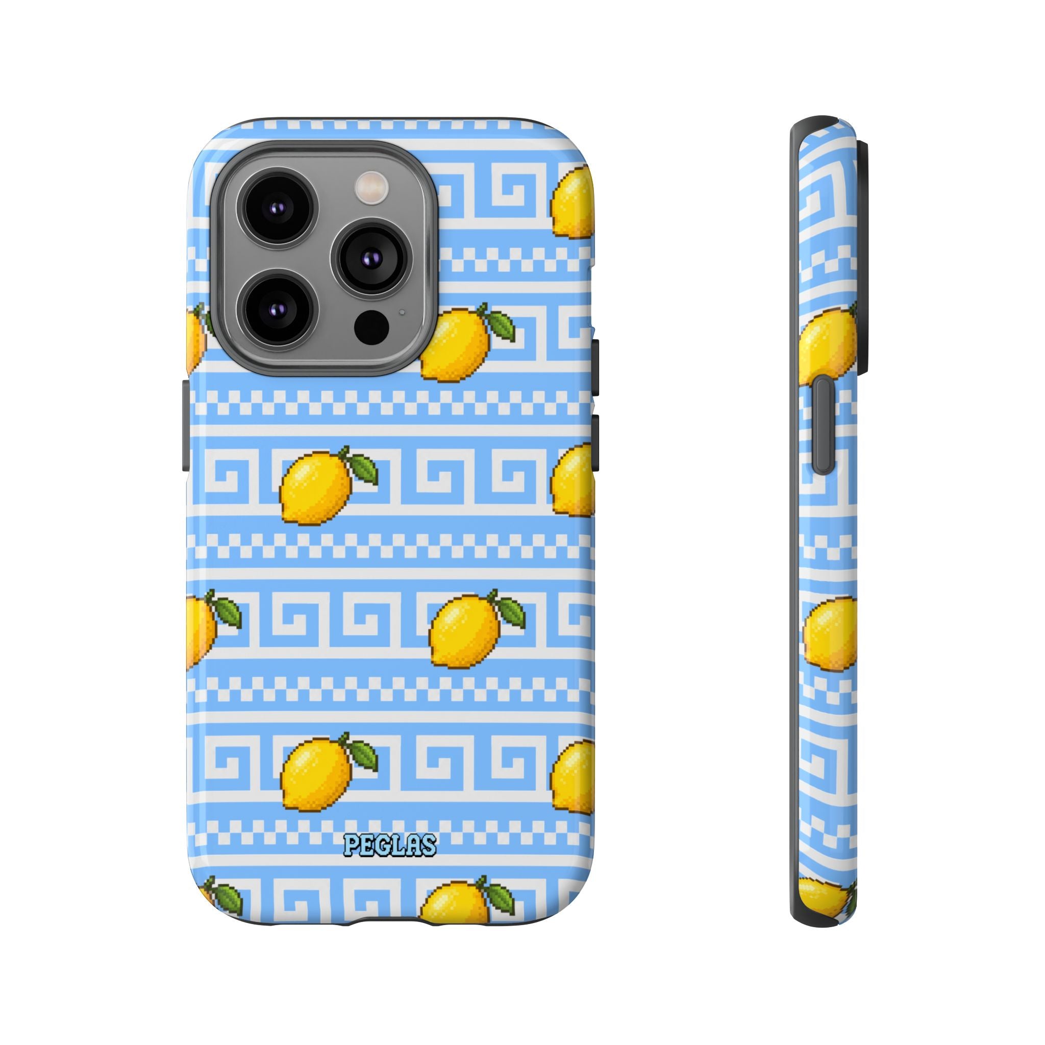 Lemon Greek Key Phone Case — Blue Citrus Pattern Tough Case