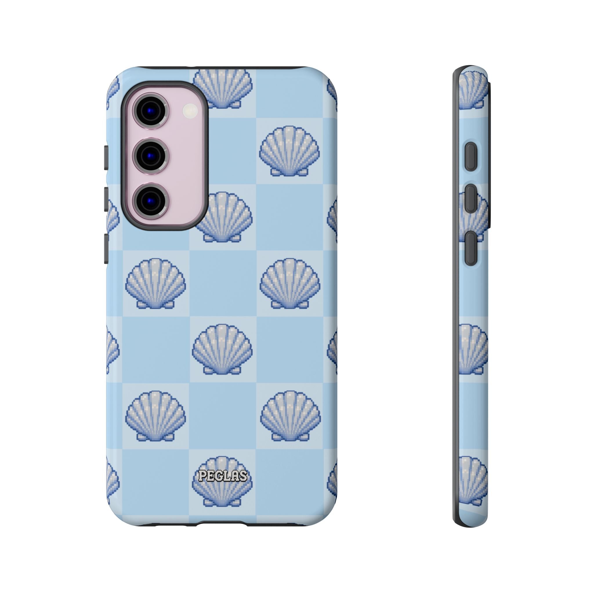 Shell Checkerboard Tough Phone Case — Light Blue Seashell Protective Cover