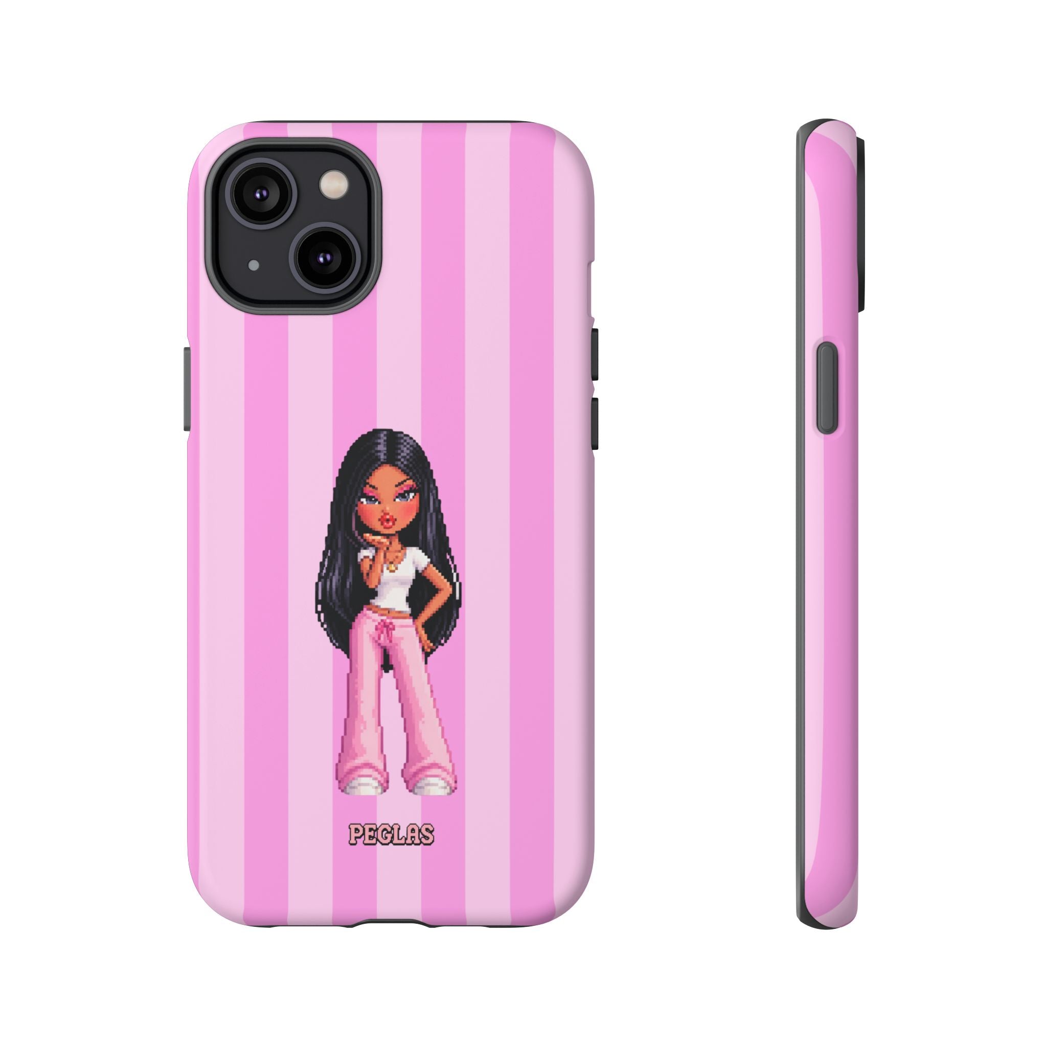 Pink Pixel Art Doll Phone Case — Y2K Baddie Girl Illustration