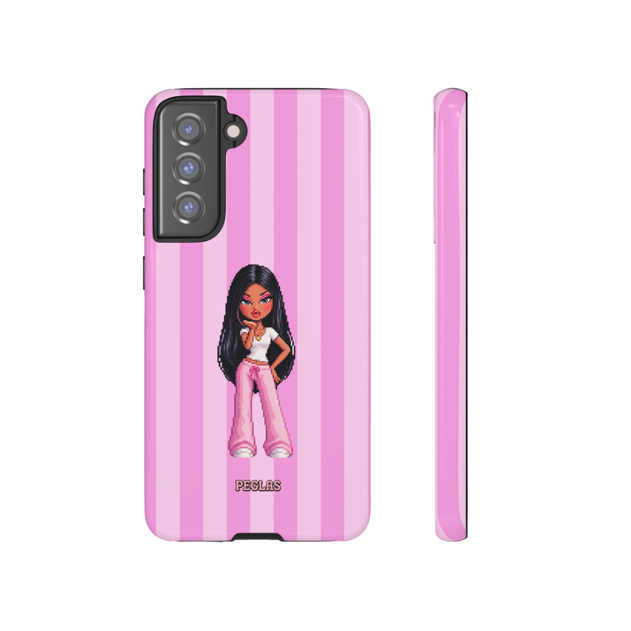 Pink Pixel Art Doll Phone Case — Y2K Baddie Girl Illustration