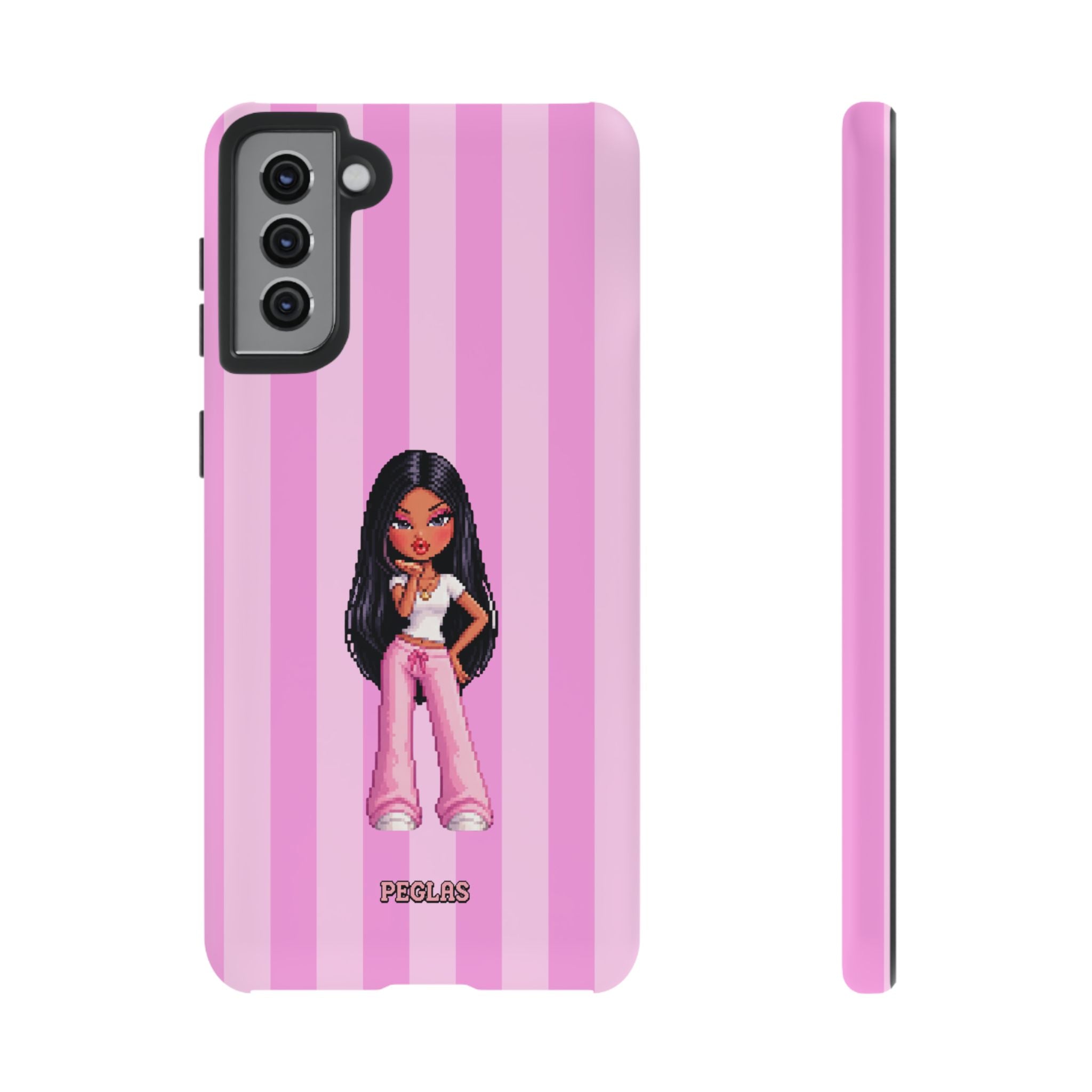 Pink Pixel Art Doll Phone Case — Y2K Baddie Girl Illustration