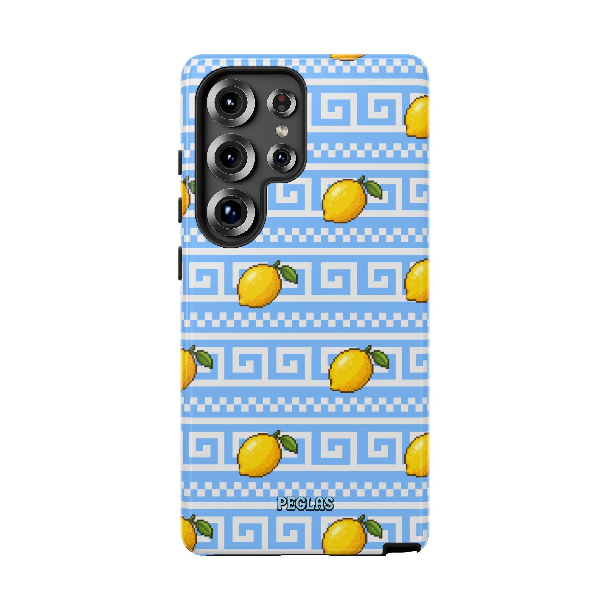 Lemon Greek Key Phone Case — Blue Citrus Pattern Tough Case