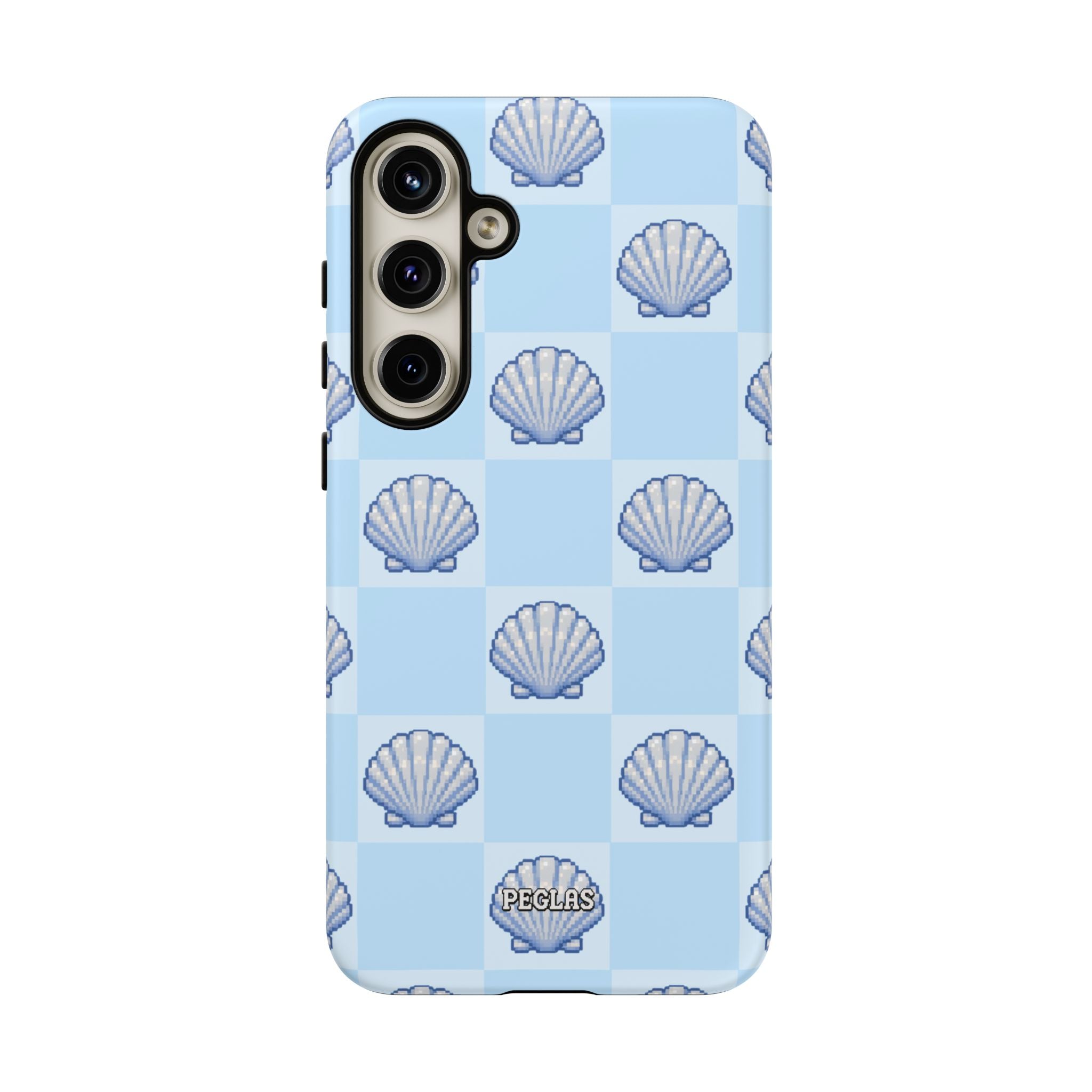Shell Checkerboard Tough Phone Case — Light Blue Seashell Protective Cover