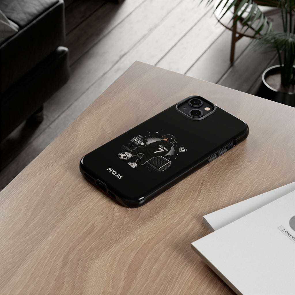 Football Player Phone Case - 'Eat Sleep Football Repeat' Black Tough Case, Soccer Goal Graphic