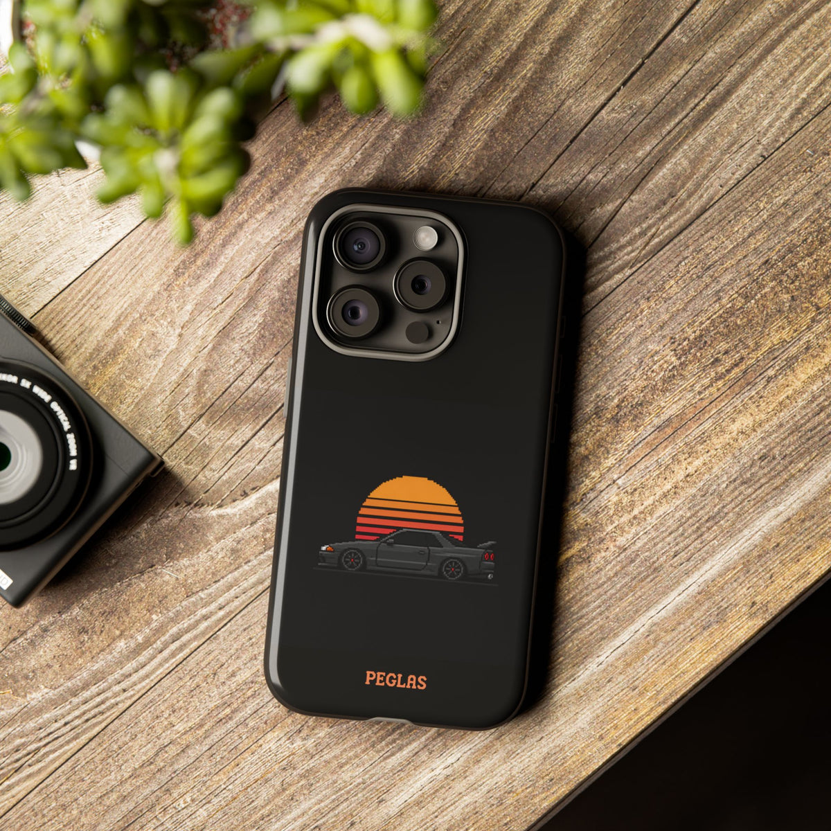 Vintage Black Sports Car Phone Case — Retro Sunset Design