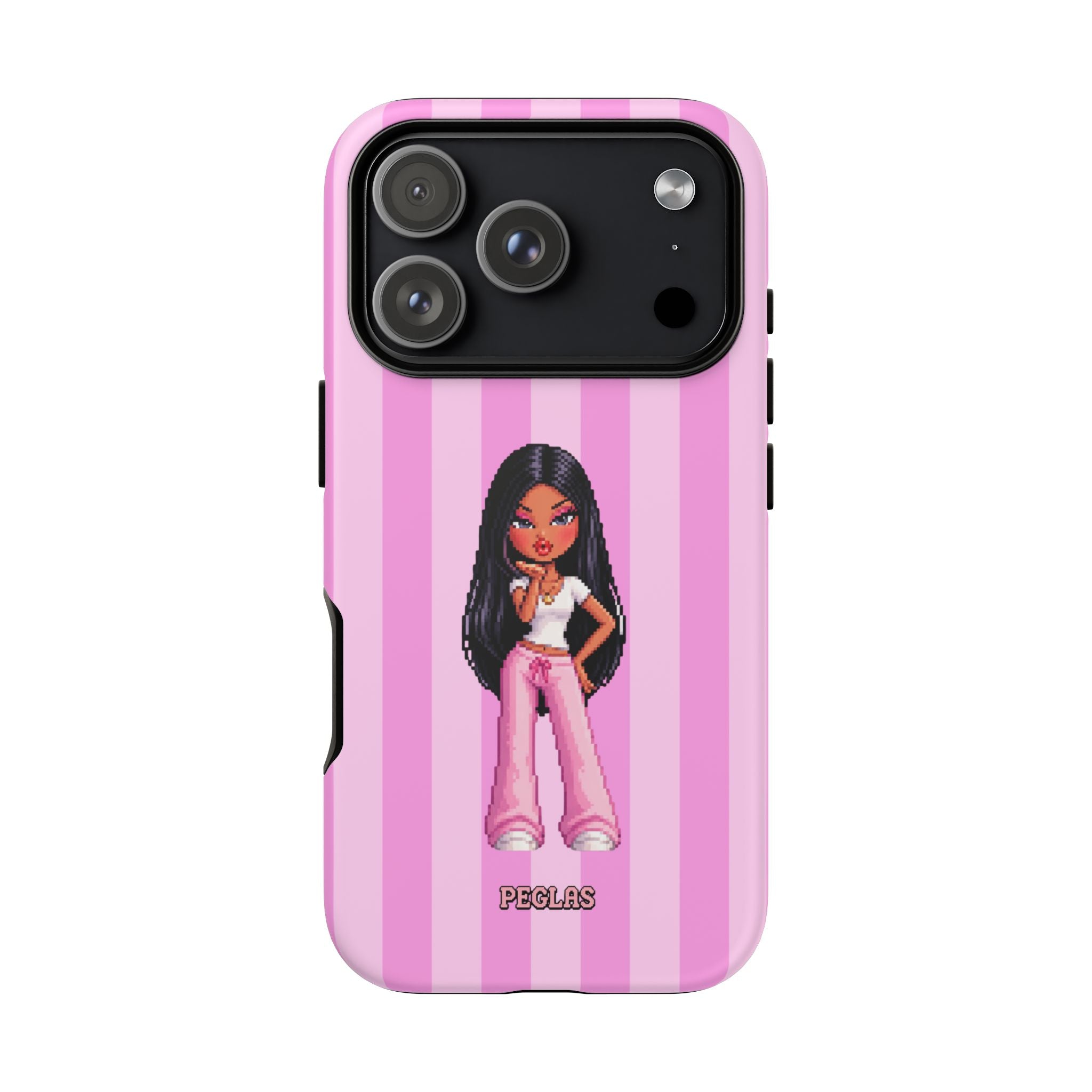 Pink Pixel Art Doll Phone Case — Y2K Baddie Girl Illustration