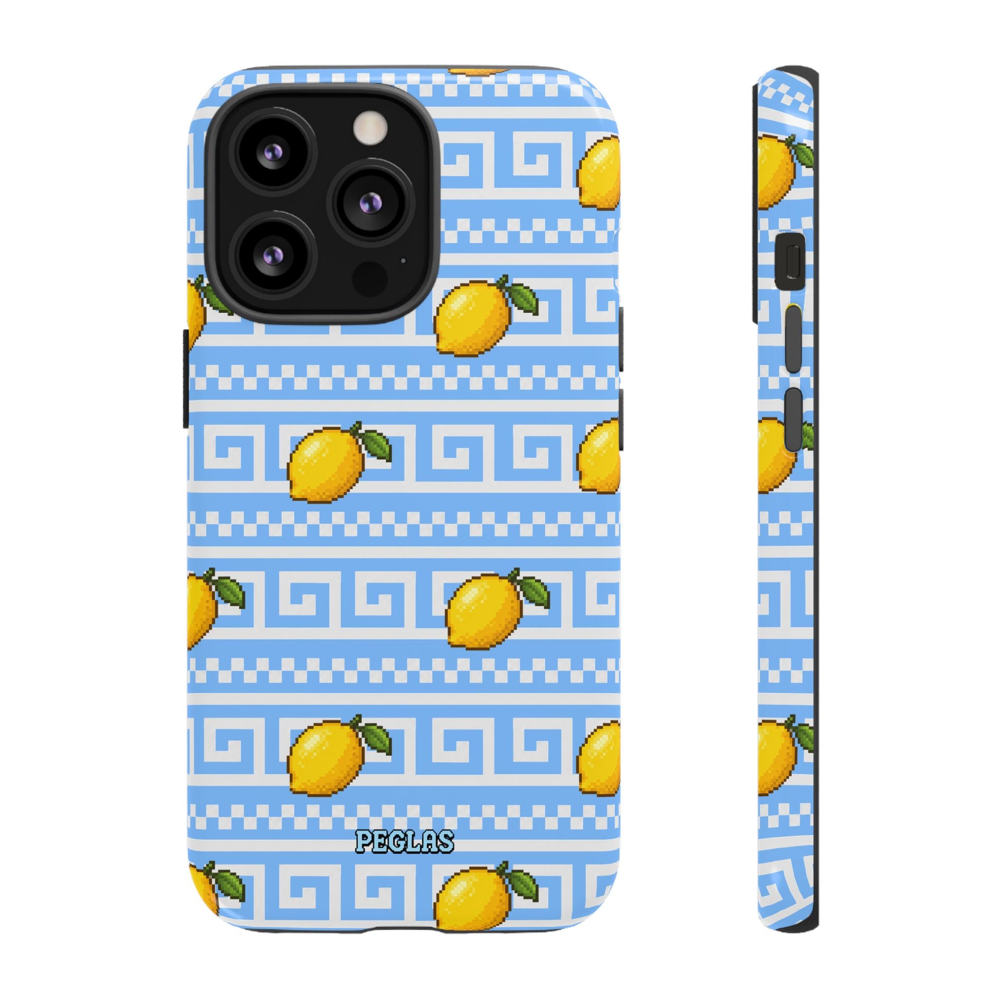 Lemon Greek Key Phone Case — Blue Citrus Pattern Tough Case