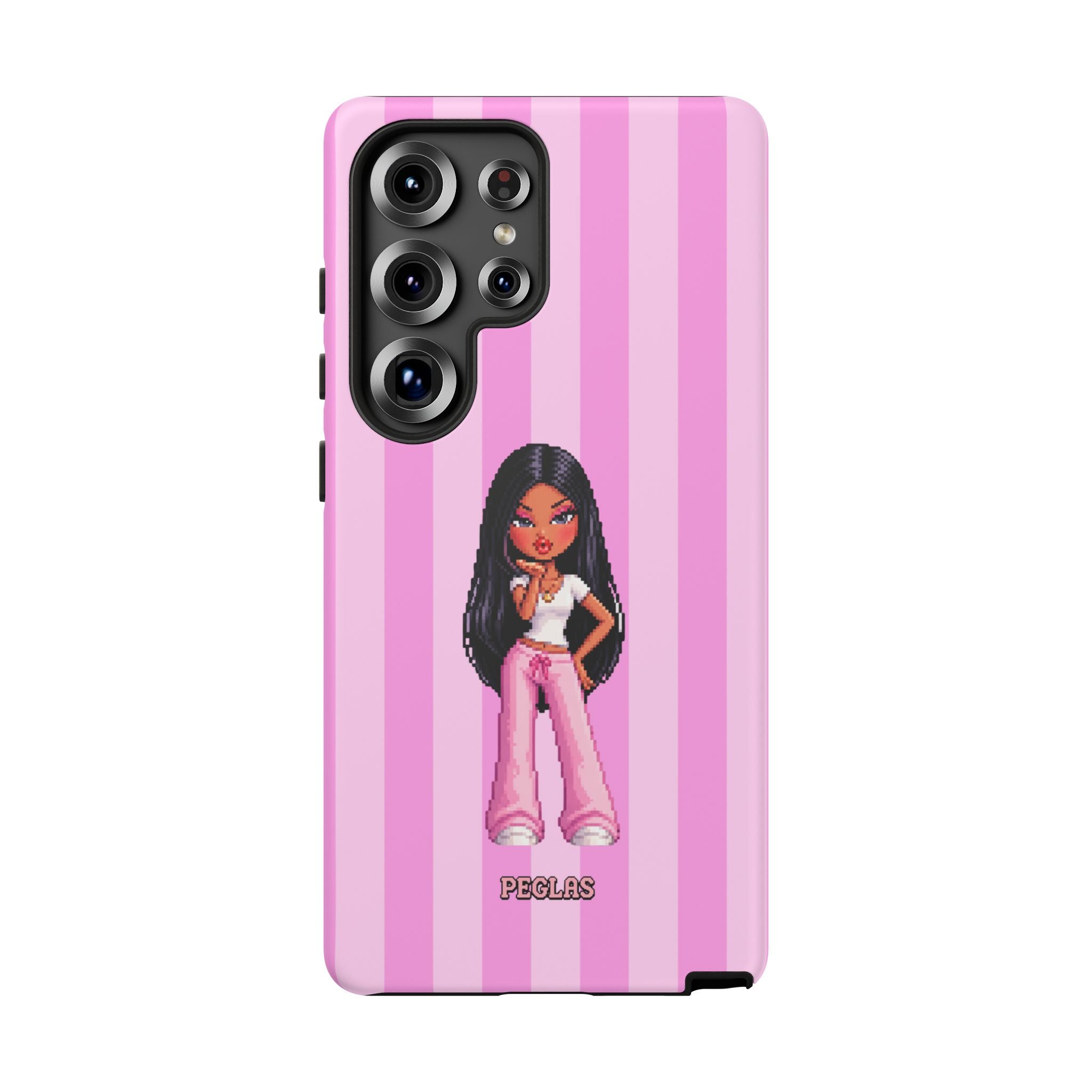Pink Pixel Art Doll Phone Case — Y2K Baddie Girl Illustration