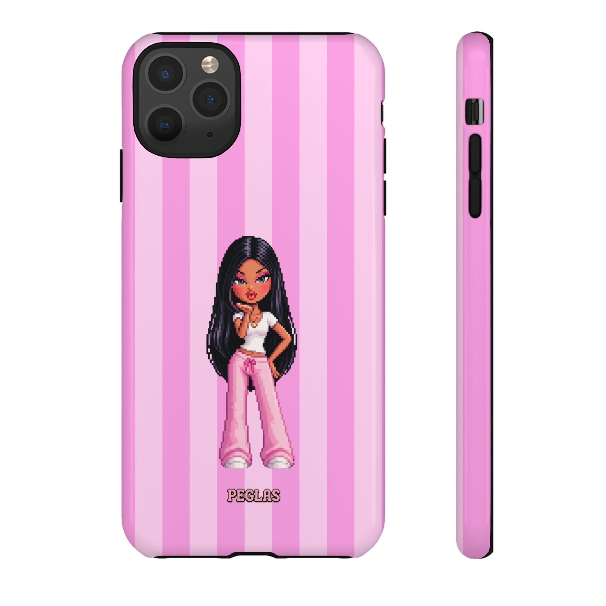 Pink Pixel Art Doll Phone Case — Y2K Baddie Girl Illustration
