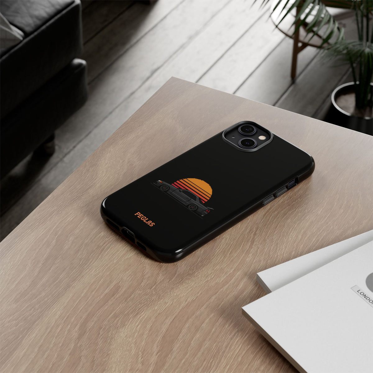 Vintage Black Sports Car Phone Case — Retro Sunset Design
