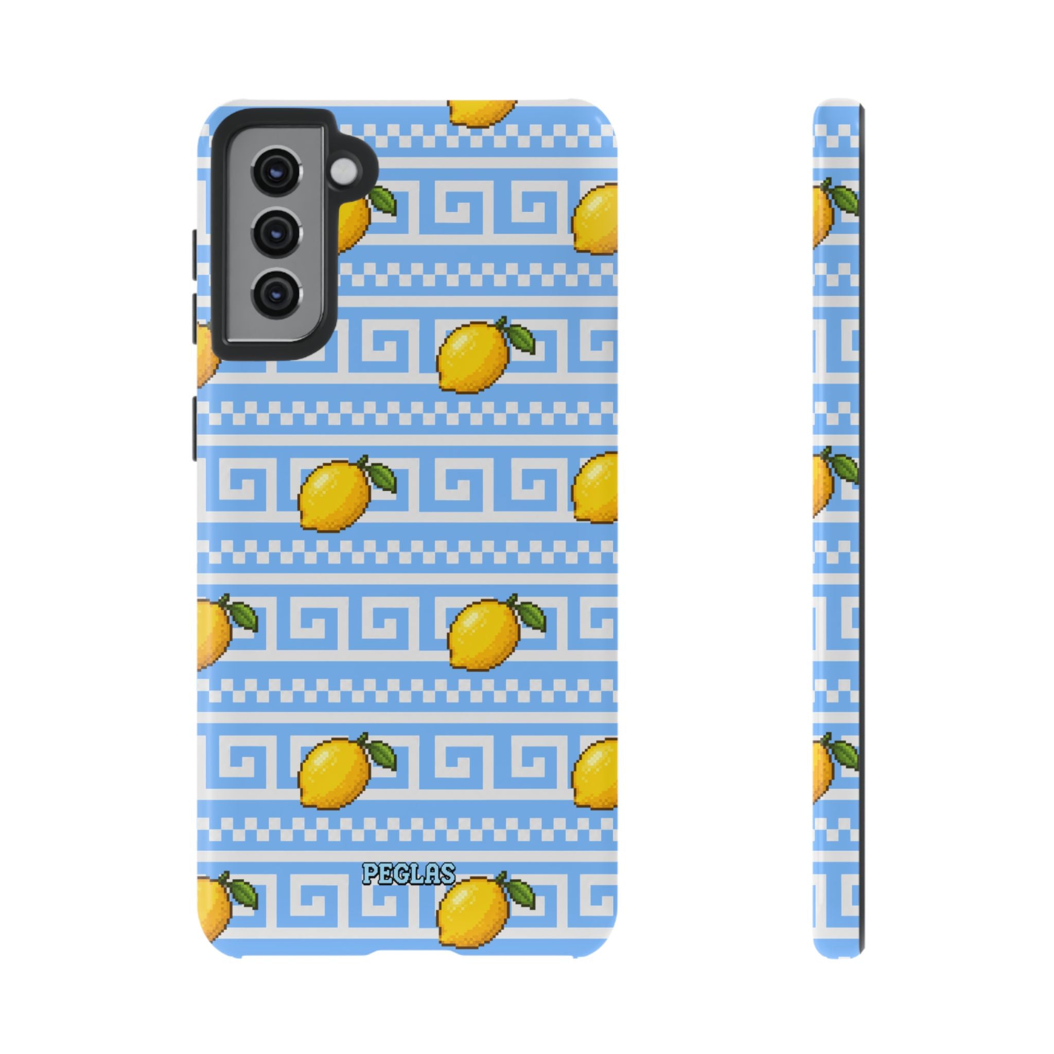 Lemon Greek Key Phone Case — Blue Citrus Pattern Tough Case