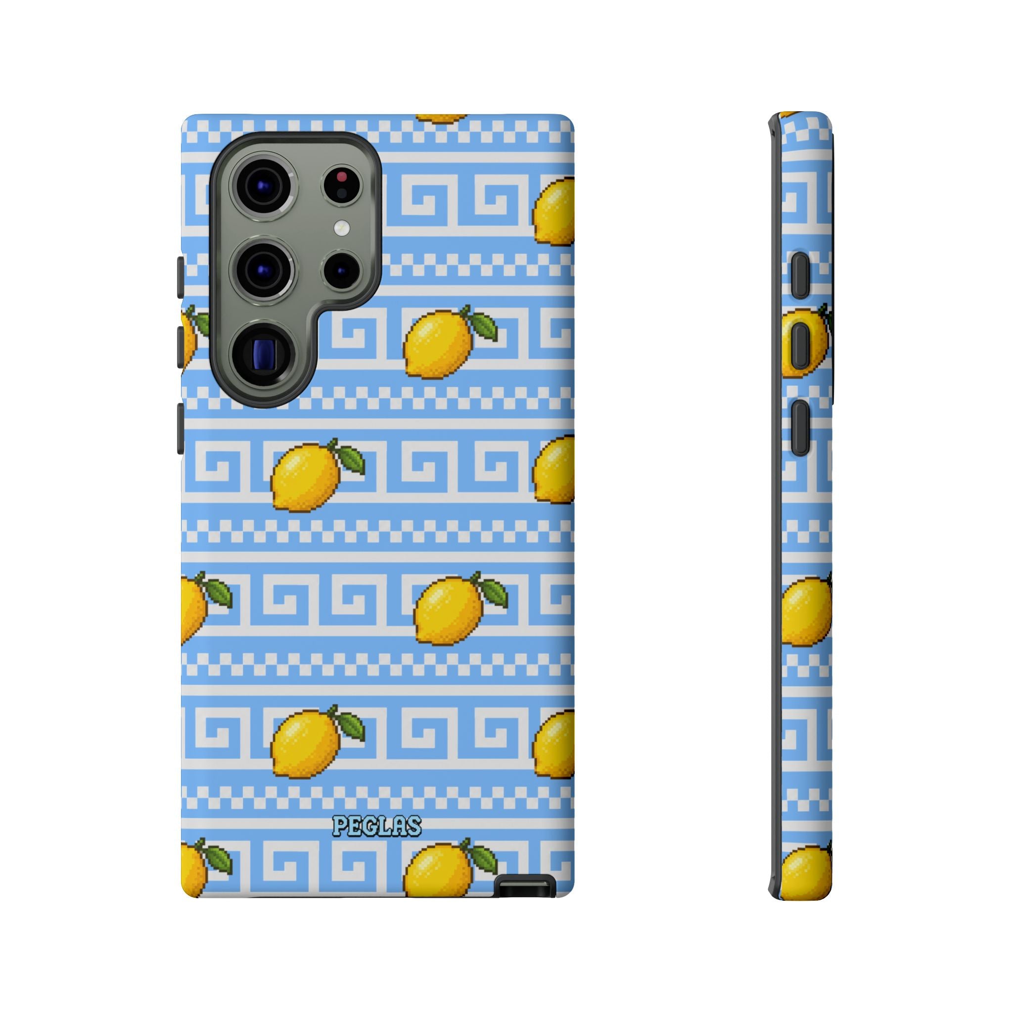 Lemon Greek Key Phone Case — Blue Citrus Pattern Tough Case