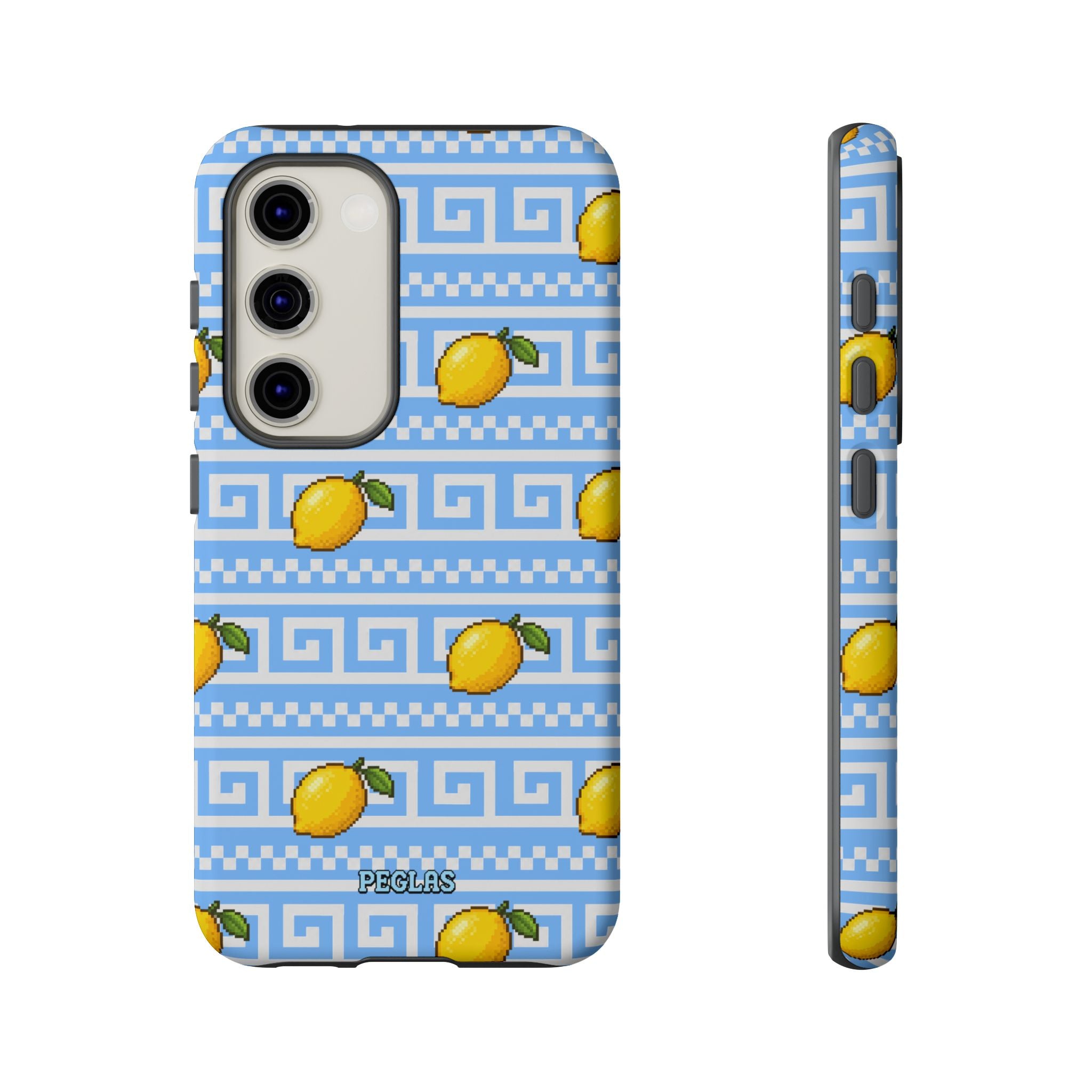 Lemon Greek Key Phone Case — Blue Citrus Pattern Tough Case