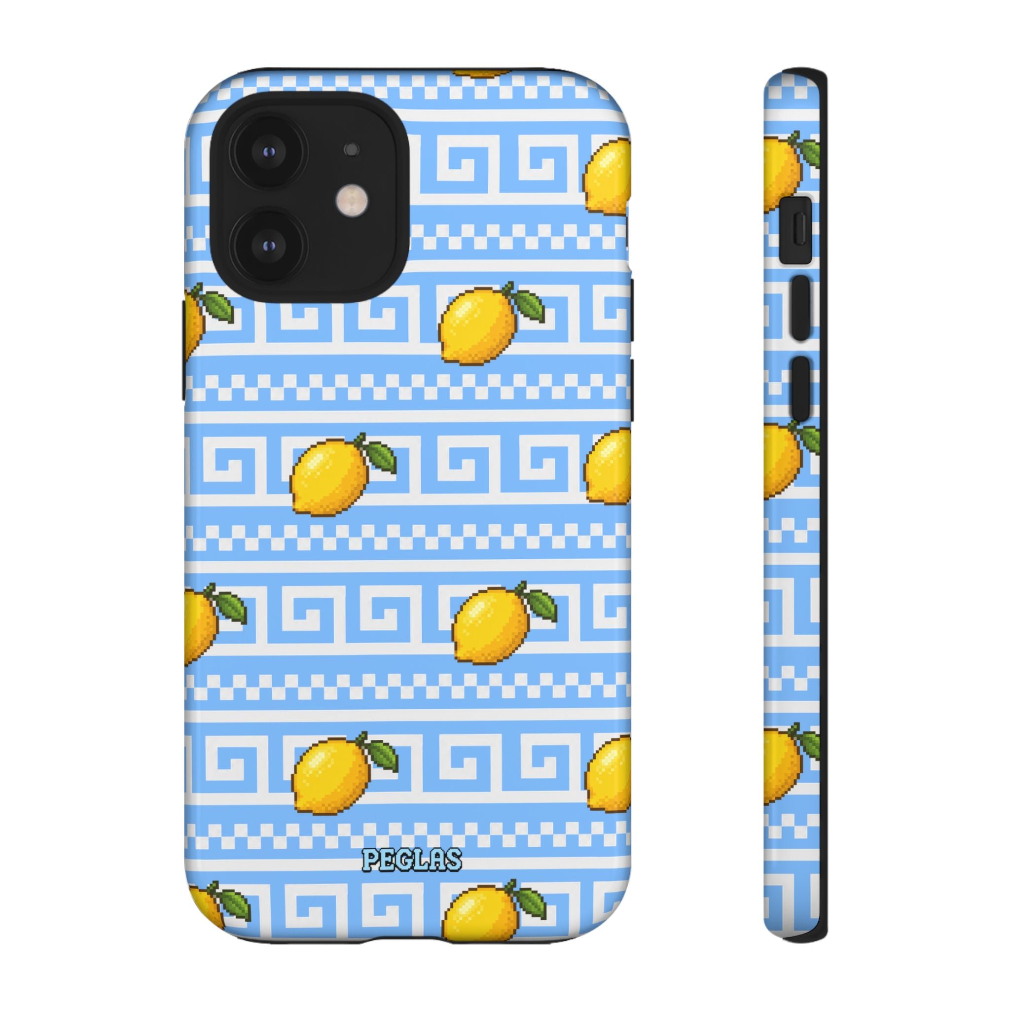 Lemon Greek Key Phone Case — Blue Citrus Pattern Tough Case