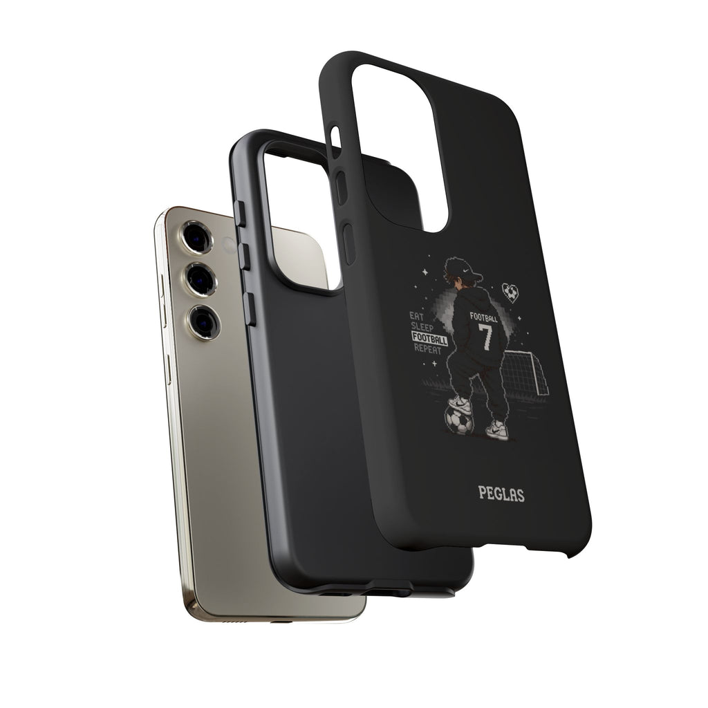 Football Player Phone Case - 'Eat Sleep Football Repeat' Black Tough Case, Soccer Goal Graphic