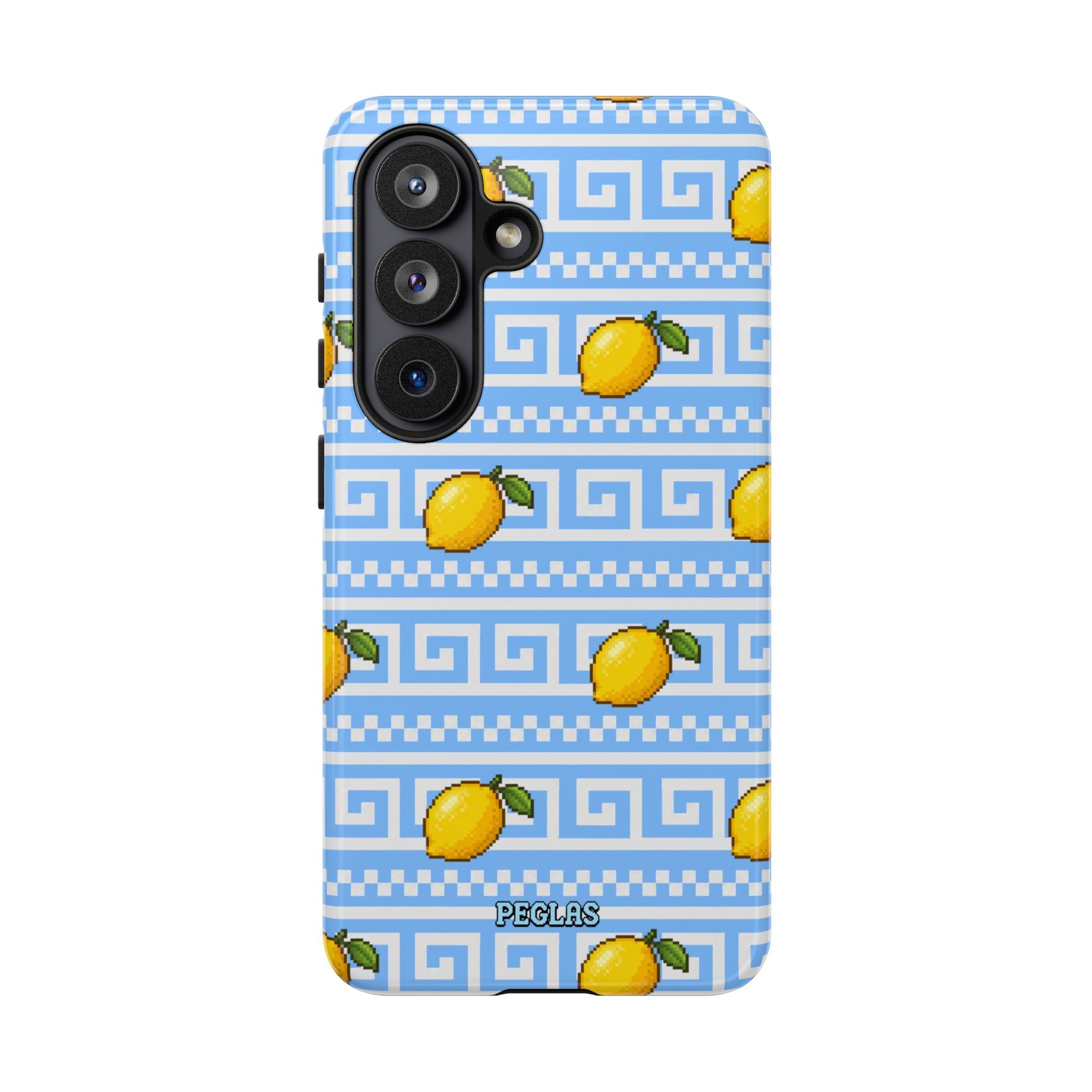 Lemon Greek Key Phone Case — Blue Citrus Pattern Tough Case