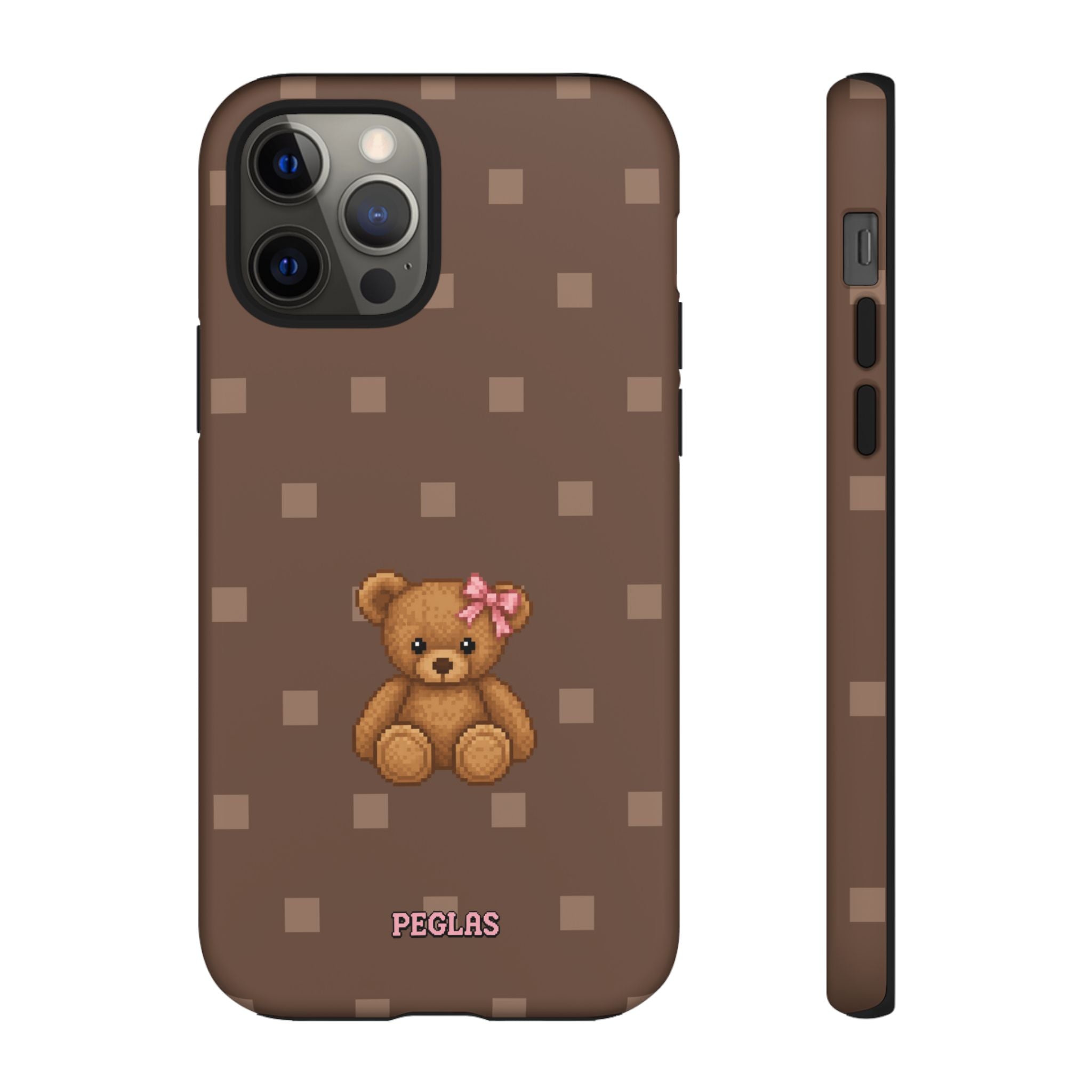 Teddy Bear Tough Phone Case — Cute Brown Polka Dot Protective Cover