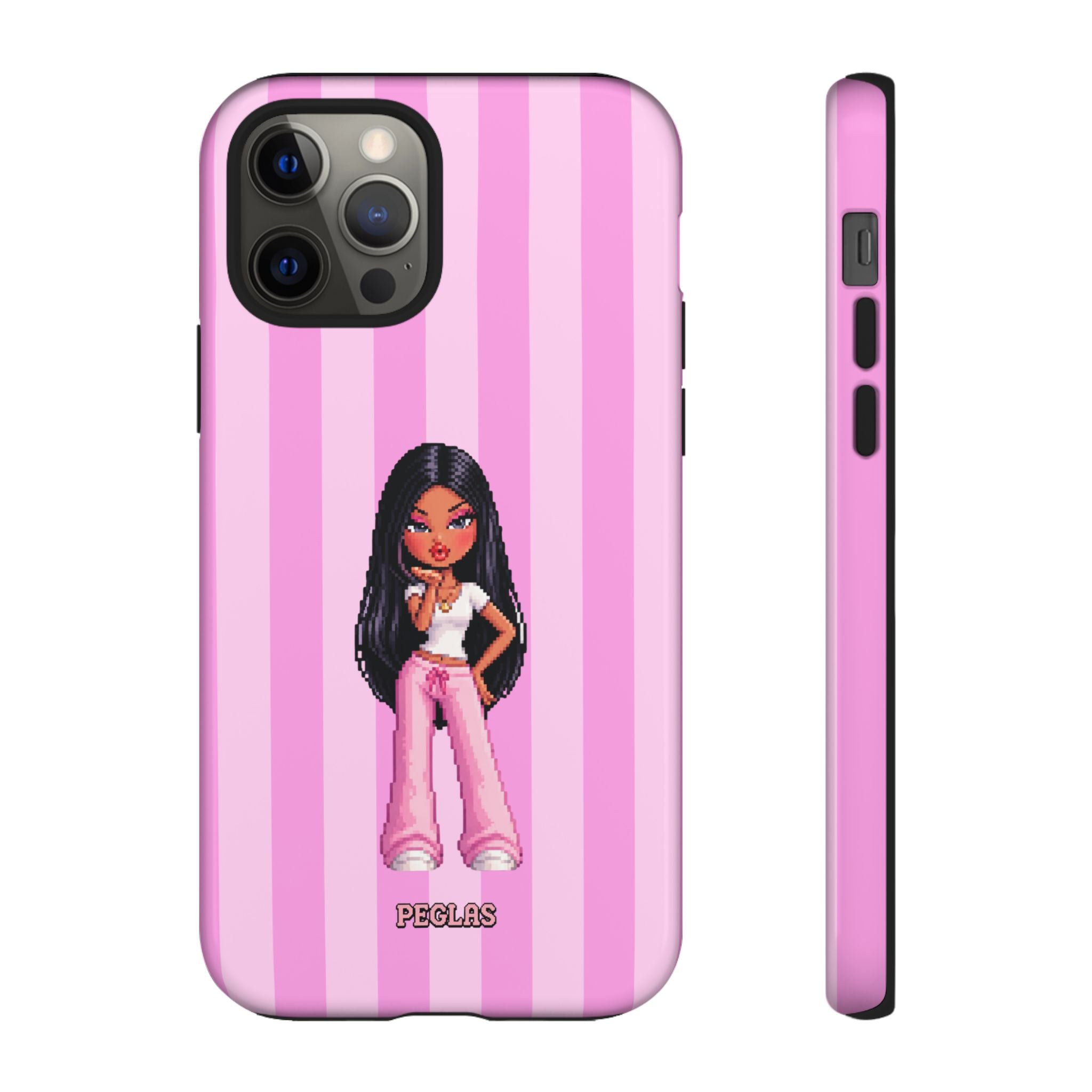 Pink Pixel Art Doll Phone Case — Y2K Baddie Girl Illustration