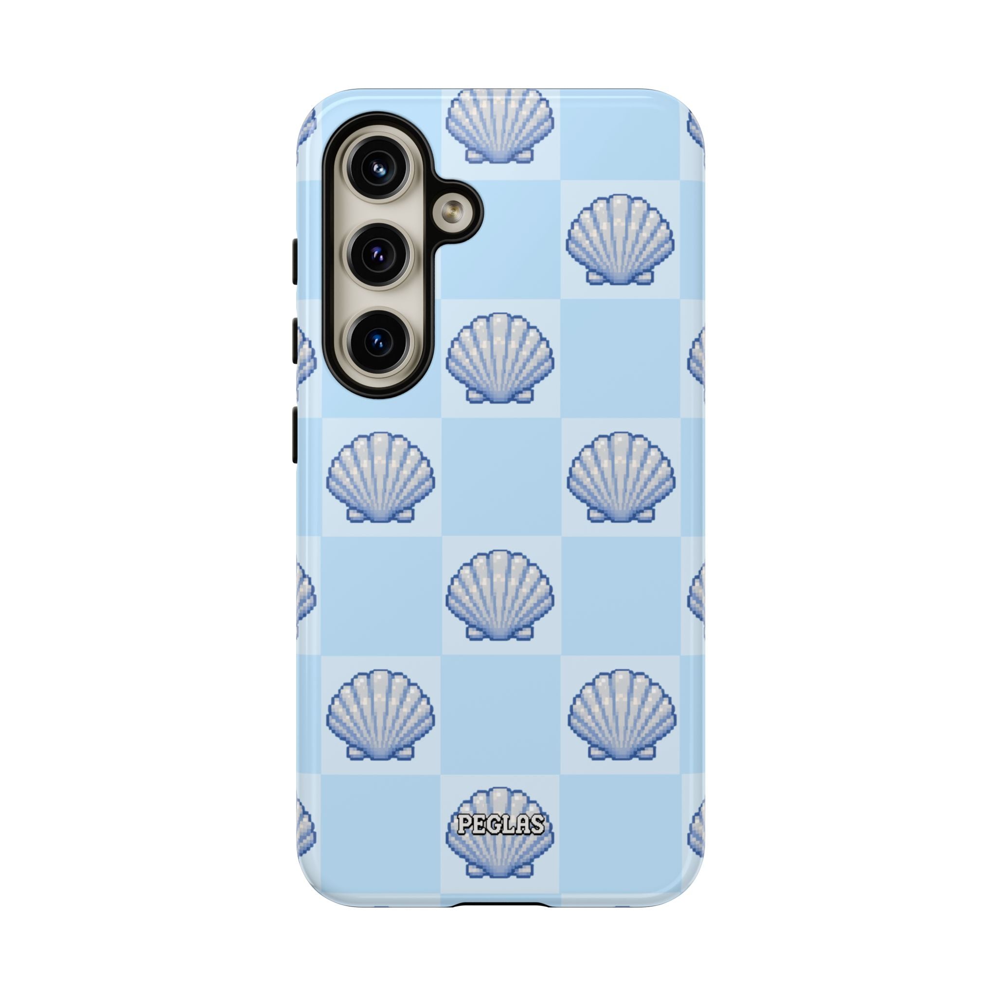 Shell Checkerboard Tough Phone Case — Light Blue Seashell Protective Cover