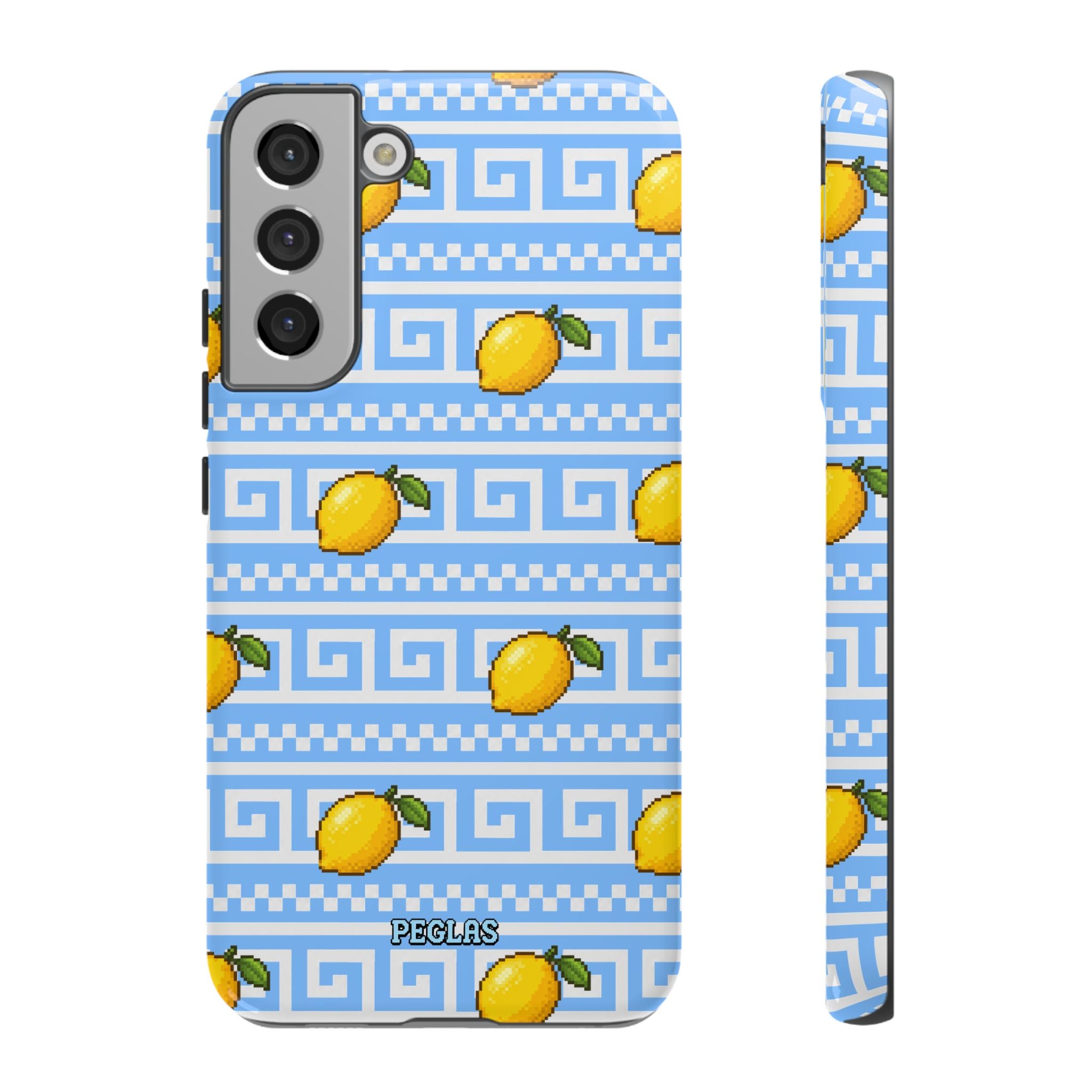 Lemon Greek Key Phone Case — Blue Citrus Pattern Tough Case