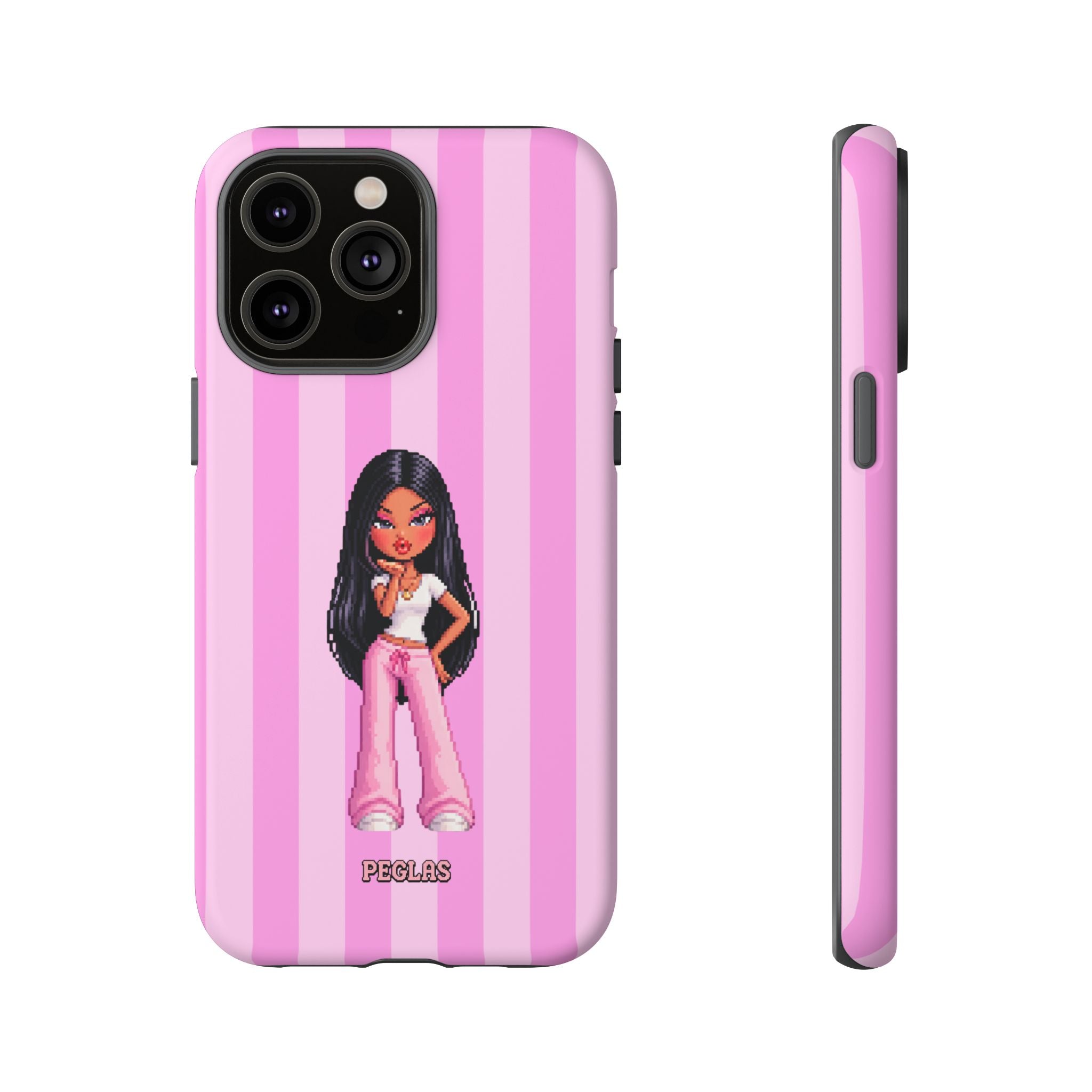 Pink Pixel Art Doll Phone Case — Y2K Baddie Girl Illustration